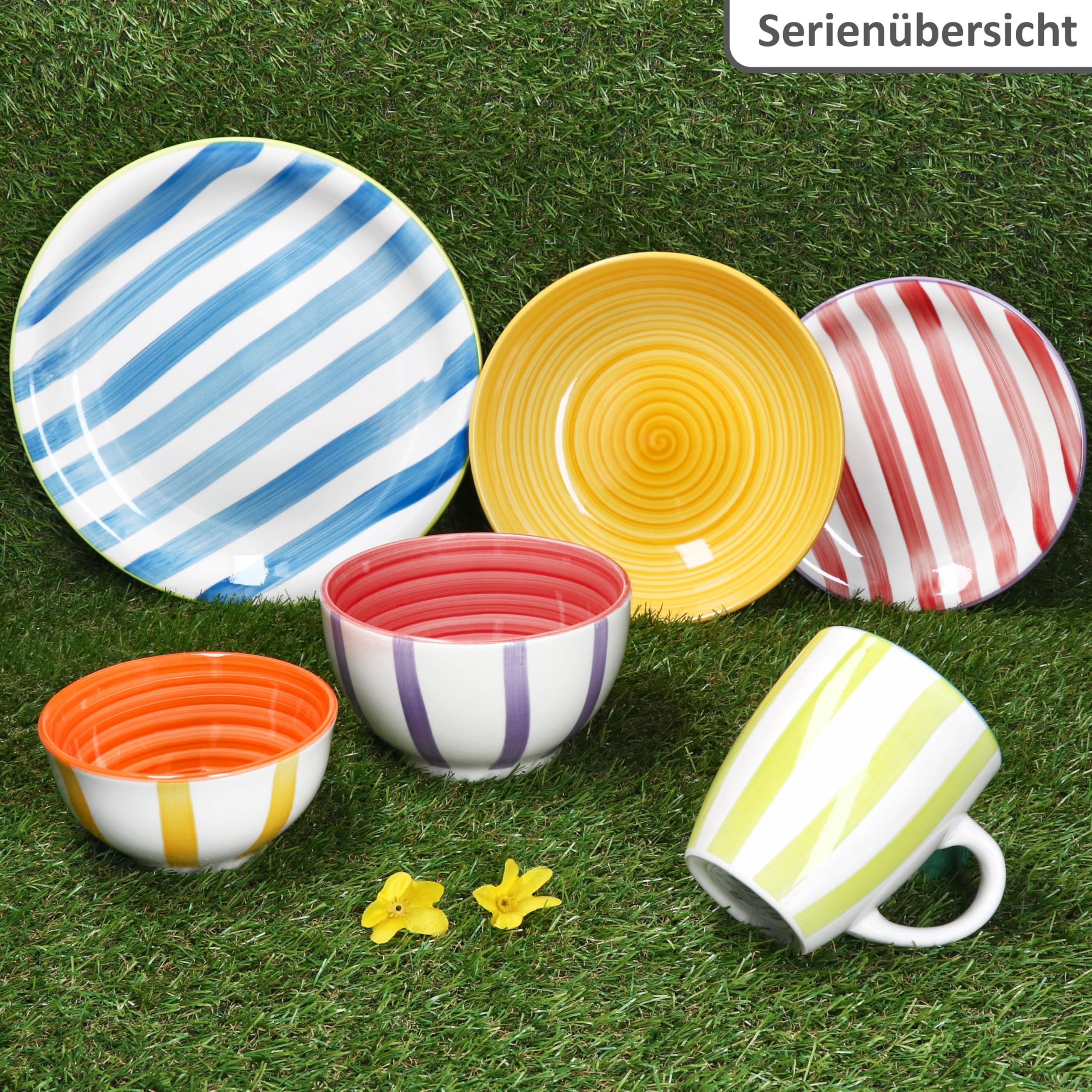 MamboCat Summer Stripes Lot de 6 assiettes à gâteau, en faïence, avec rayures colorées, pour 6 personnes, petites assiettes pour salade, dessert, amuse-bouches, etc.