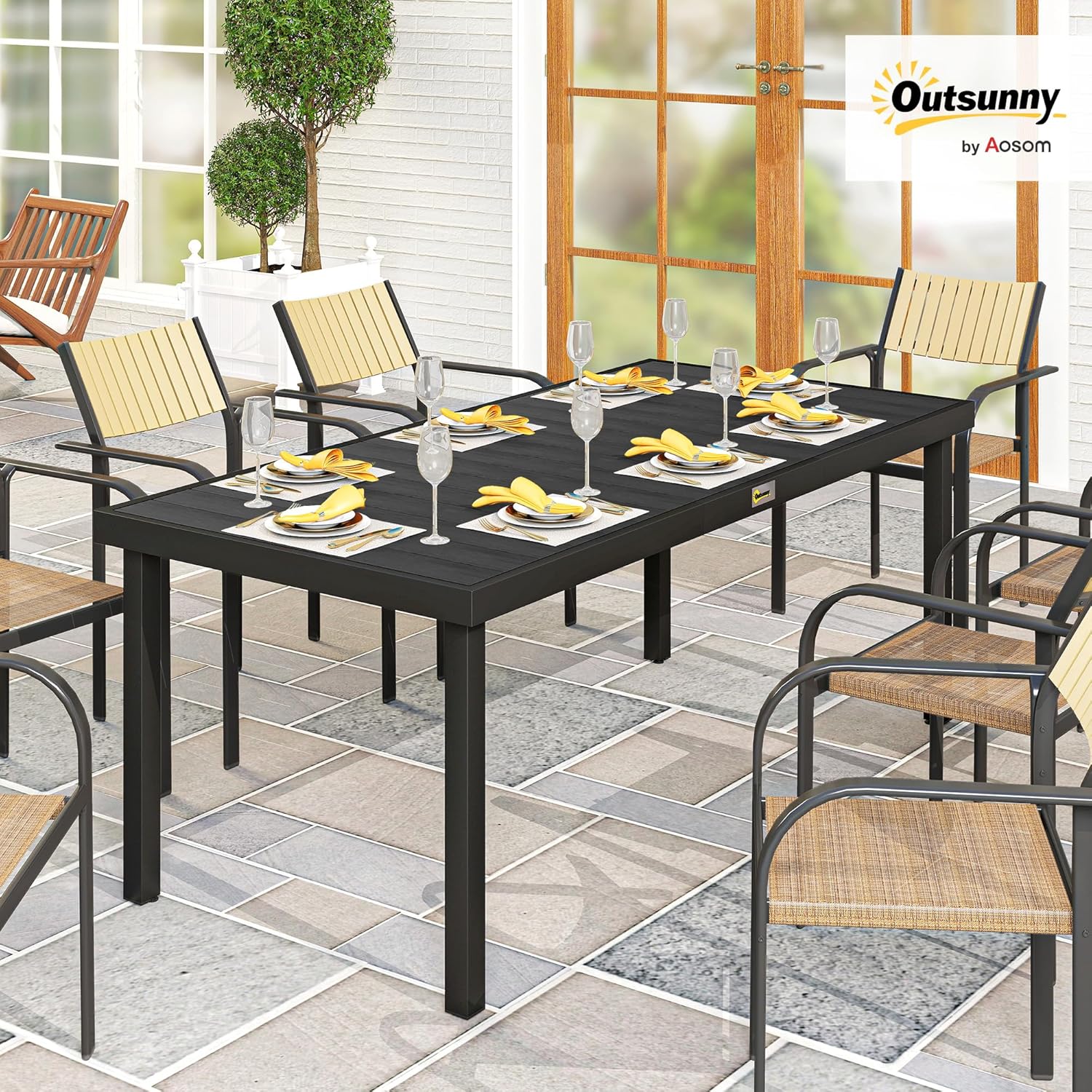 Outsunny 75" x 35" Outdoor Dining Table for 8 People, Rectangular Aluminum Frame Garden Table with All-Weather Faux Wood Top for Garden, Lawn, Patio, Black