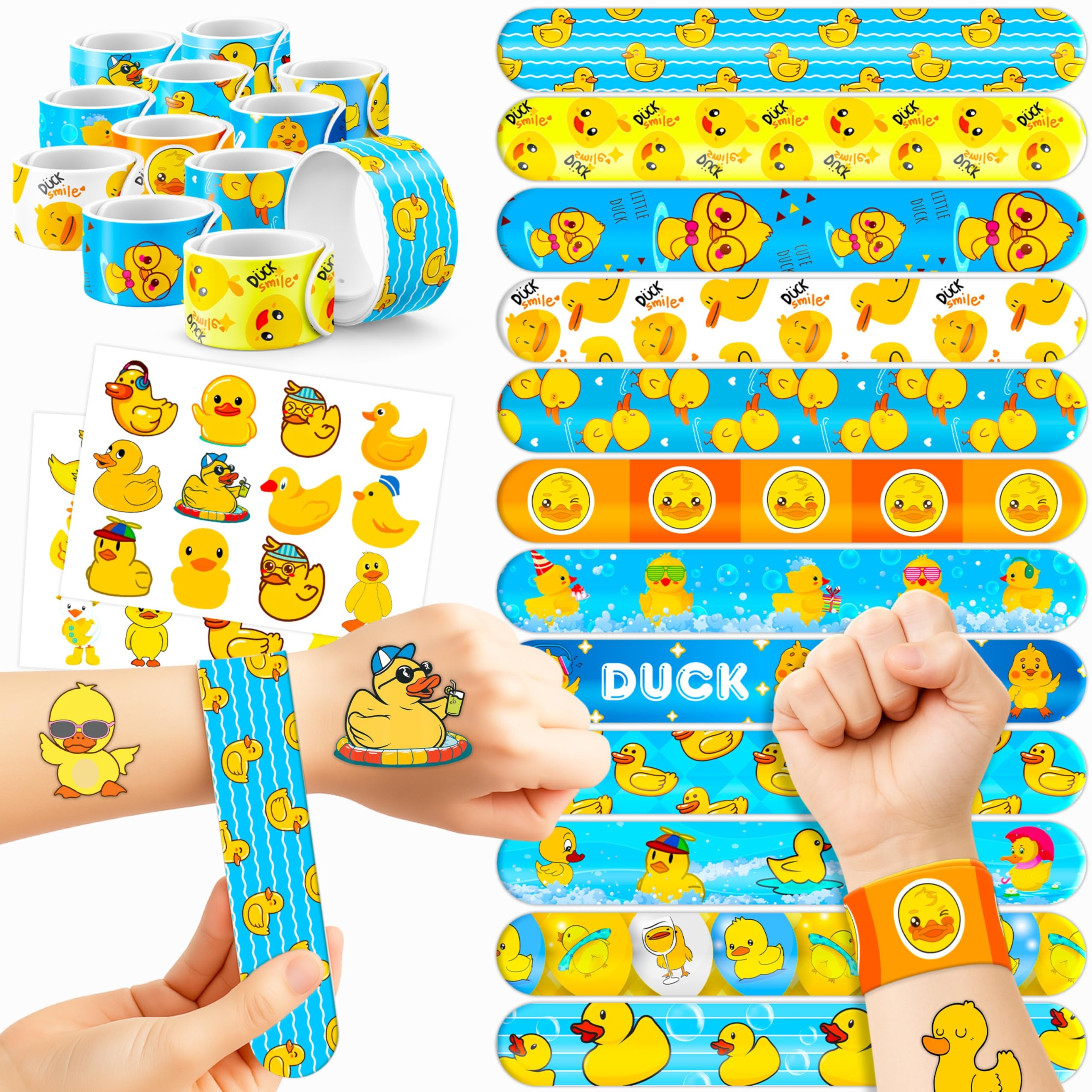 48PCS Duck Party Favors - 24PCS Temporary Tattoos & 24PCS Slap Bracelets - Cute Birthday Party Supplies, Decorations, Baby Shower Gifts, Classroom Prizes, and Rewards for Boys & Girls