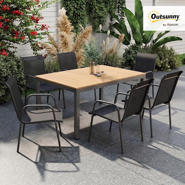 Outsunny Juego de 6 Sillas de Jardín Exterior Apilables, Sillas Terraza Exterior con Reposabrazos, Asiento y Respaldo de Malla Transpirable, Estructura Metálica Resistente, 51x69x87 cm, Negro - 2
