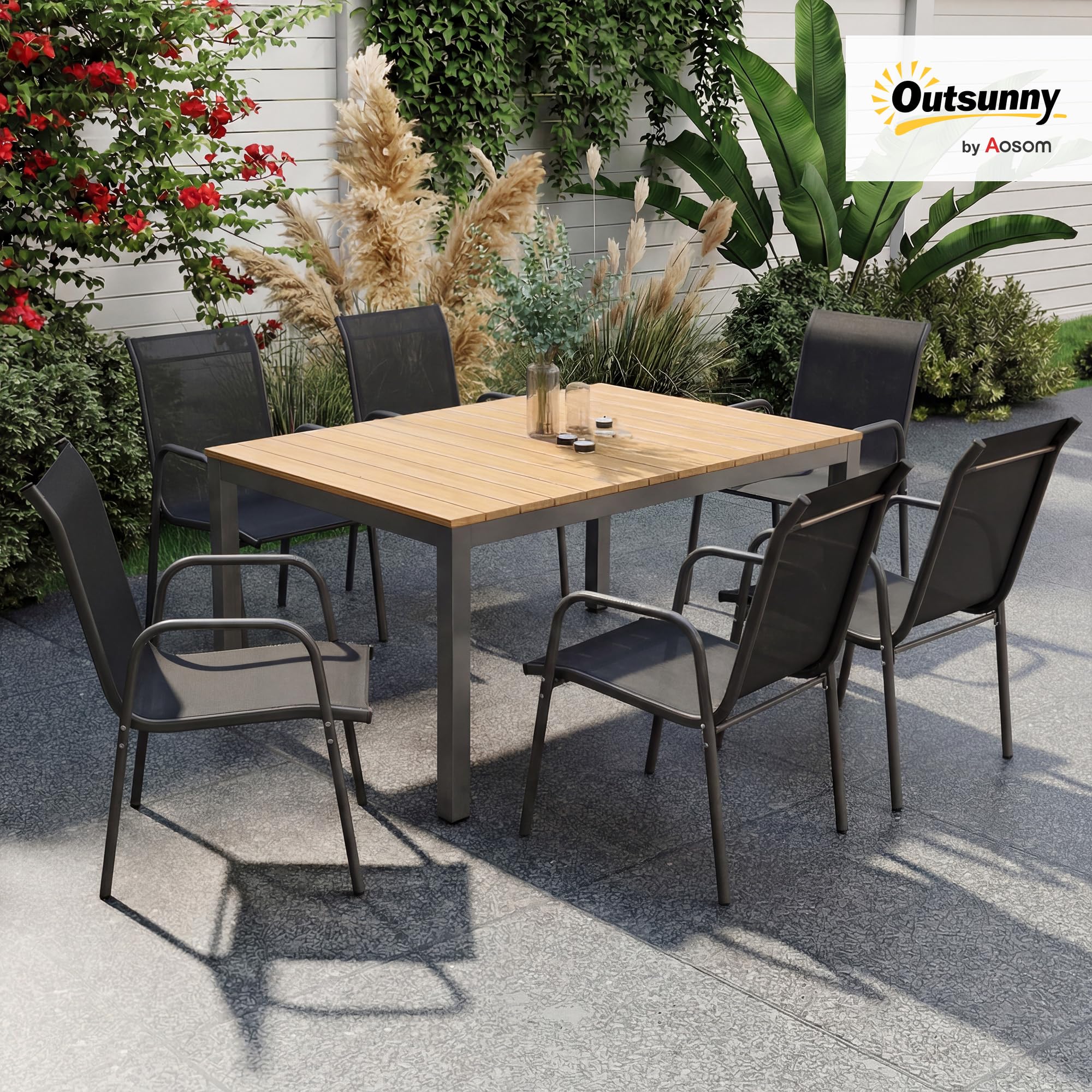 Outsunny Juego de 6 Sillas de Jardín Exterior Apilables, Sillas Terraza Exterior con Reposabrazos, Asiento y Respaldo de Malla Transpirable, Estructura Metálica Resistente, 51x69x87 cm, Negro — view 2