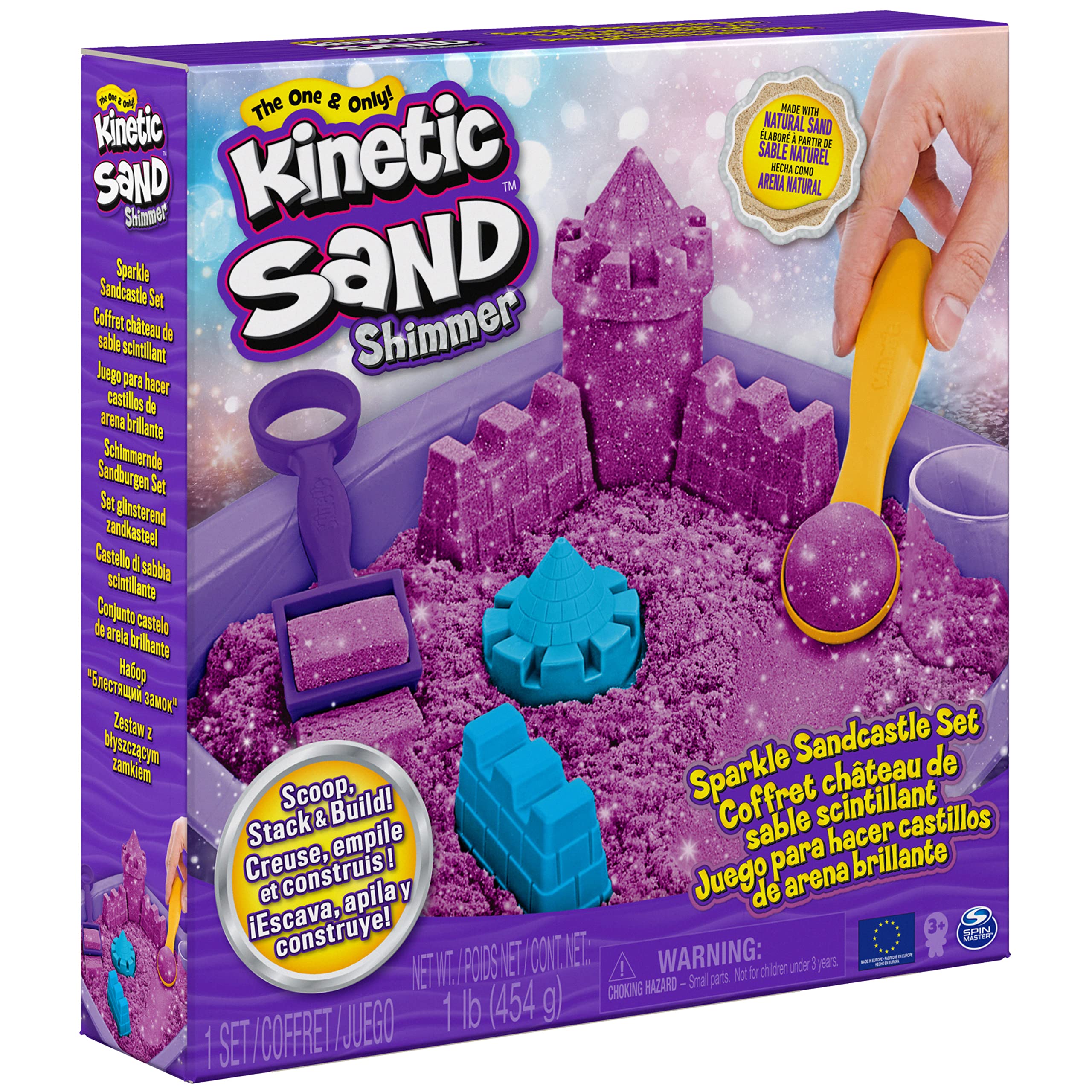 Kinetic Sand Zestaw do piaskownicy z połyskującym piaskiem 454 g magicznego piasku kinetycznego w kolorze fioletowym, wanna i akcesoriami do zabawy w pomieszczeniach, od 3 lat