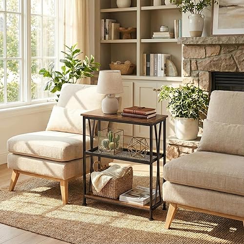 Miniatura 7 de GIOPACO Mesa auxiliar estrecha, mesa auxiliar de 20 pulgadas de largo con estantes de almacenamiento de 3 niveles, mesa de pasillo pequeña, Marrón