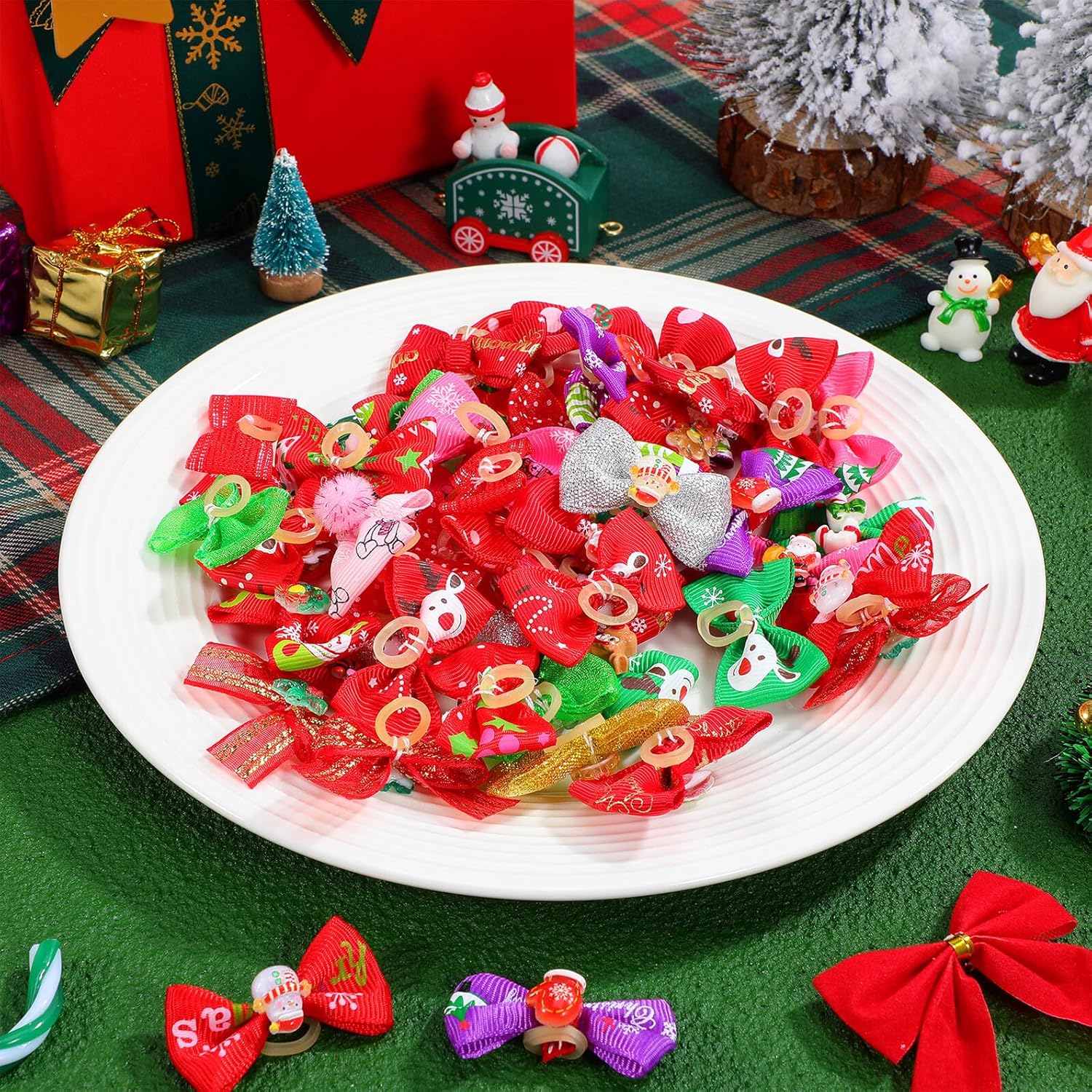 50 Pcs Christmas Pet Hair Bows Grooming Accessories for Small Dogs with Sturdy Rubber Bands Random Holiday Style for Christmas Costumes Canine 8