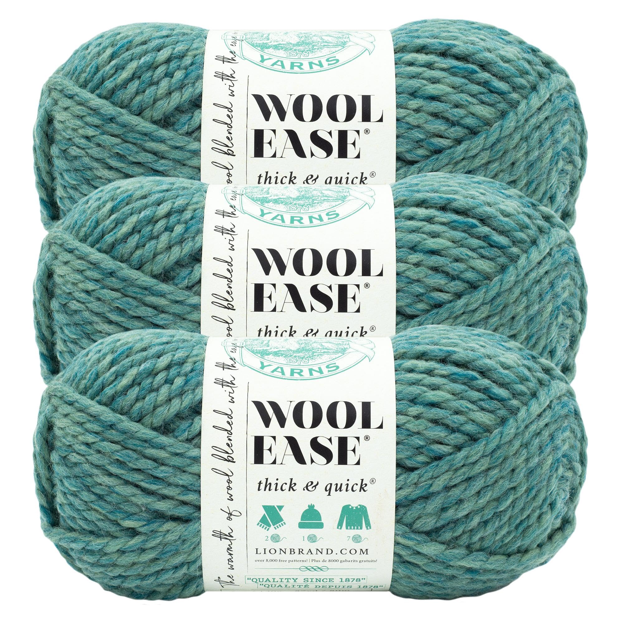 Lion Brand Yarn, Wool-Ease Thick &amp; Quick Yarn, Hydro, Heather Teal, 3 Pack