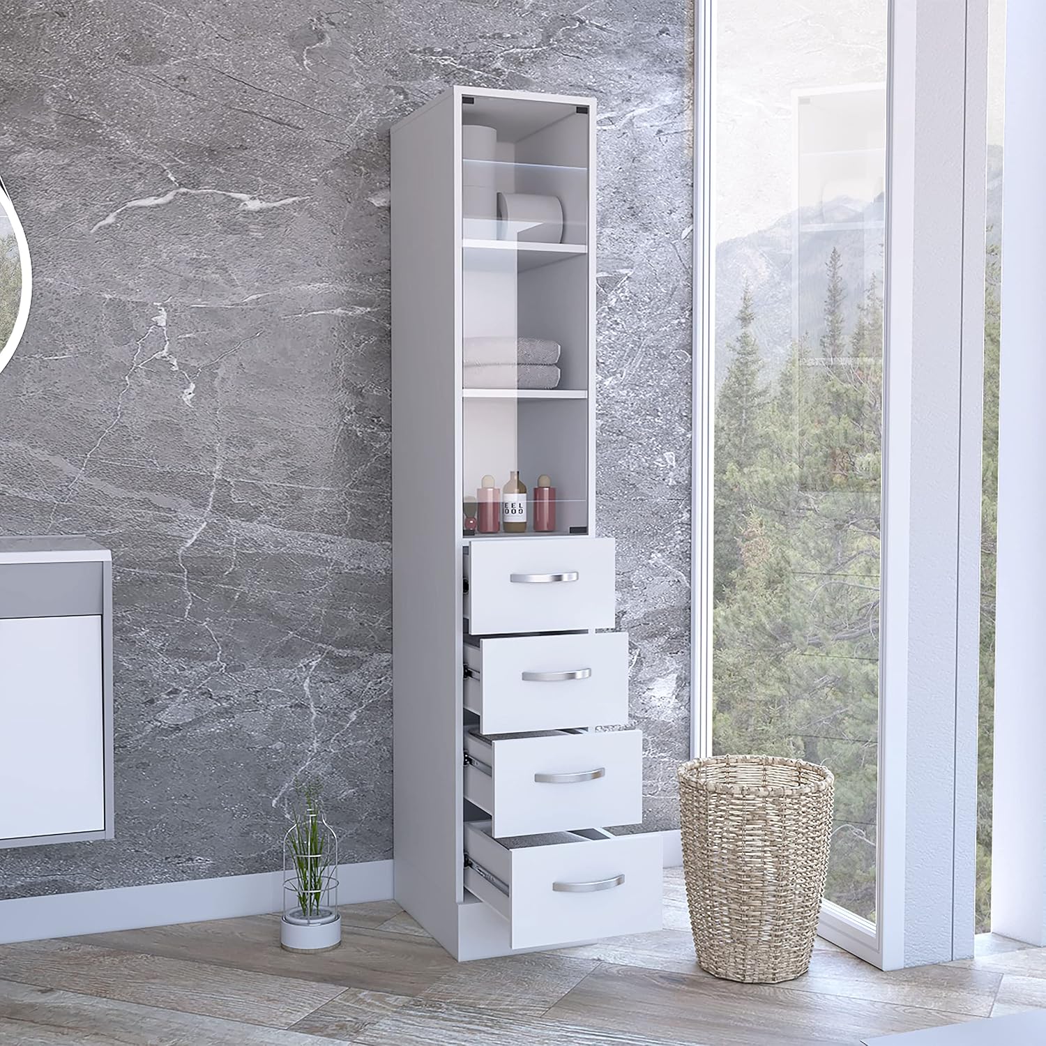 DEPOT E-SHOP Magna Linen Cabinet with Three Shelves, Four Drawers, and Metal Handles, 68" H, White, Bathroom