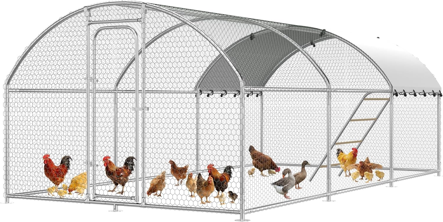 Large Metal Chicken Coop with Roosting Perch Chicken Run Hen Rabbit Duck House with Waterproof Cover for Outdoor Walk-in Poultry Cage Back Yard, Dome Roof(10’ W x 19.7’ L x 6.4’ H)