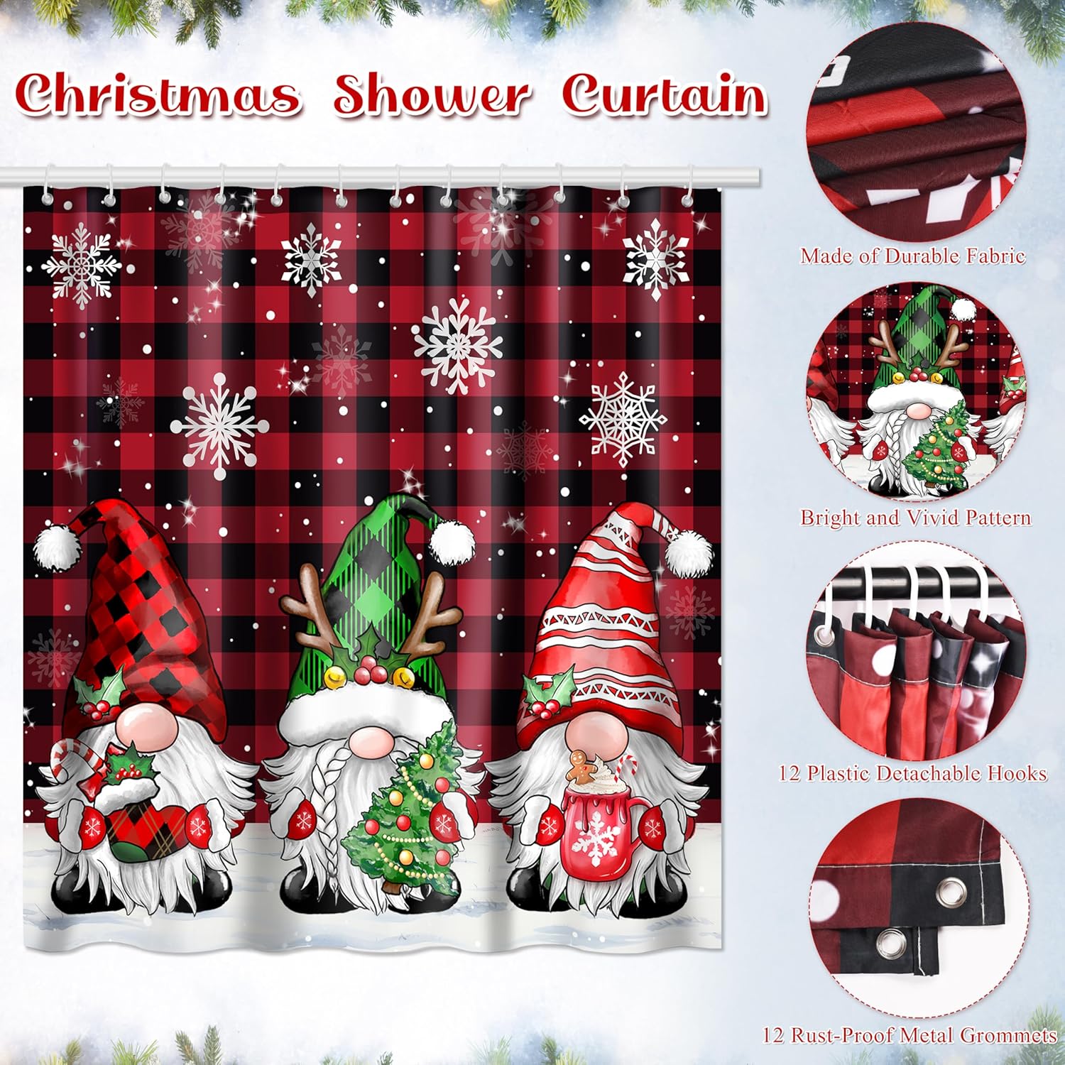 Fayoo Gnome Christmas Shower Curtain Set 4Pcs Christmas Bathroom Sets with Shower Curtain Non-Slip Rugs Toilet Lid Cover Bath Mat Buffalo Plaid Shower with 12 Hooks for Bathroom Decor