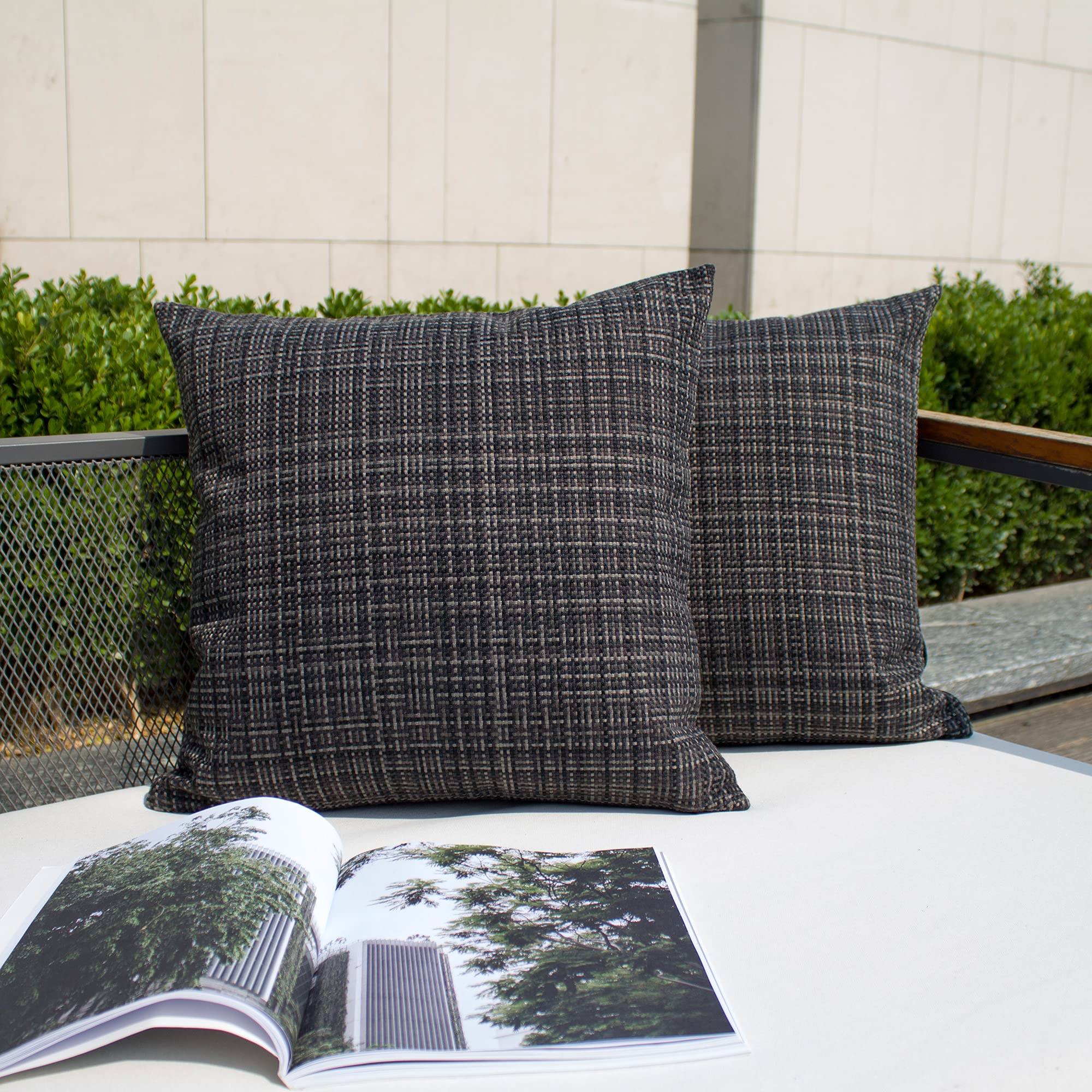 Photo 1 of Kevin Textile Pack of 2 Decorative Outdoor Waterproof Throw Pillow Covers Lumbar Pillowcases Modern Cushion Cases for Patio Couch Bench 22 x 22 Inch Black