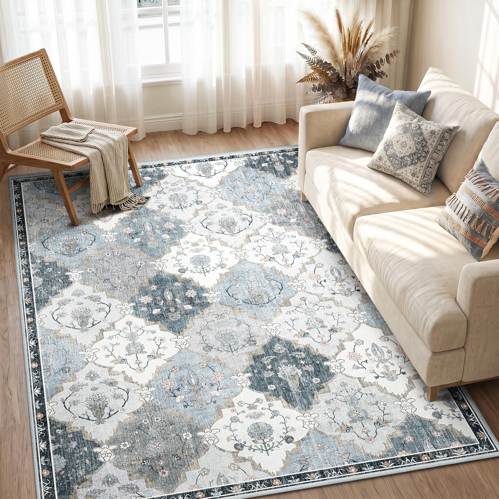 INOVADAY Rugs Living Room 140x200 cm Moroccan Washable Rug Low Pile Boho Rug with Print Pattern Anti Slip Carpet for Bedroom Dining Room Home Office Indoor Blue/Grey