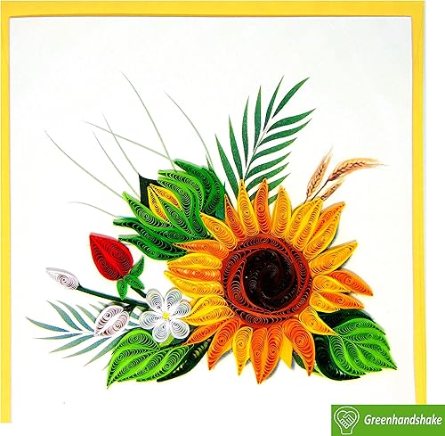 Miniatura 5 de Greenhandshake Tarjeta Quilling de girasol, 6 x 6 pulgadas, patrón floral, color amarillo, para todas las ocasiones, incluye sobre