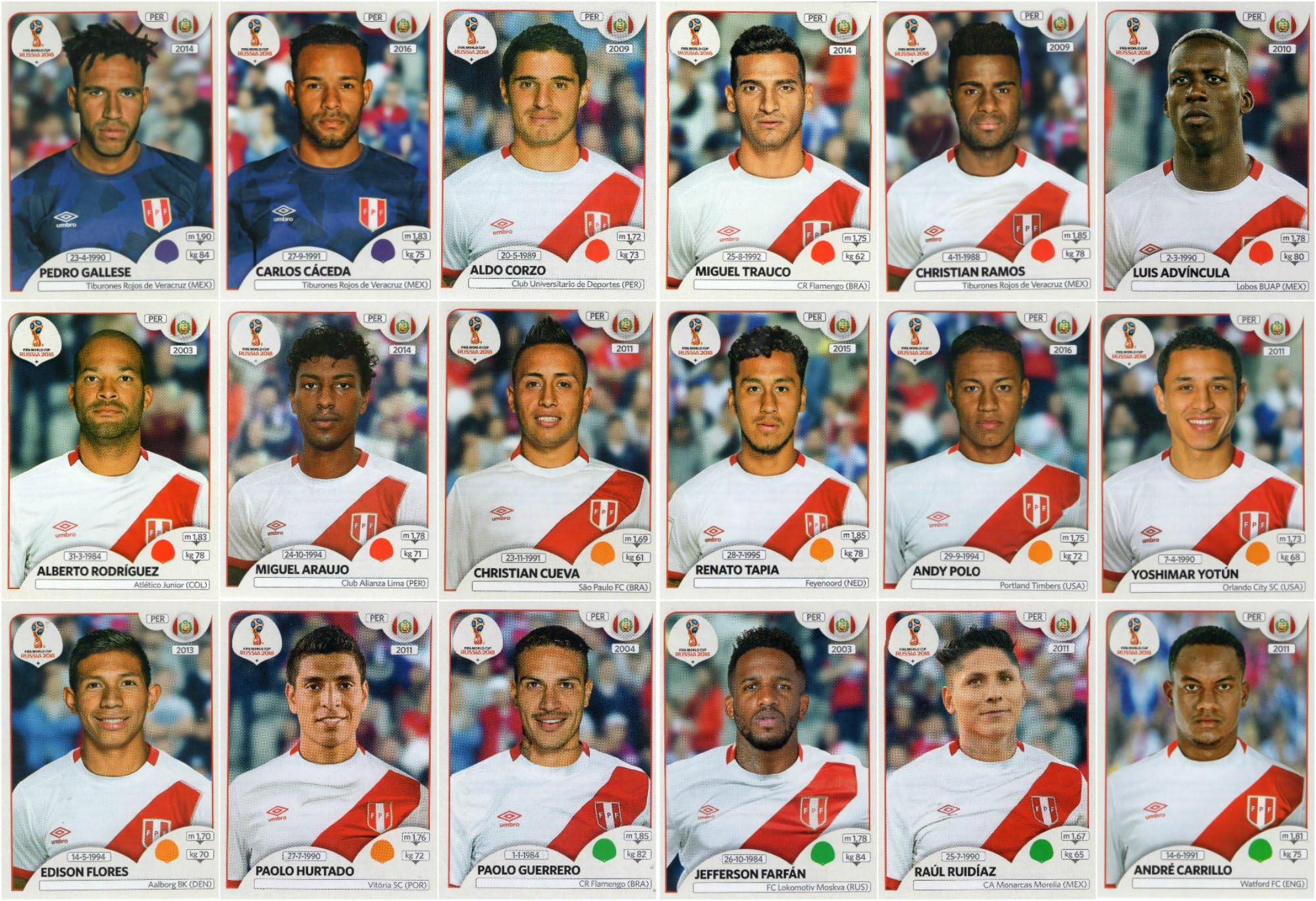 Panini WORLD CUP 2018 STICKERS - 18 PERU STICKERS - TEAM SET - PLAYERS ONLY #234 - #251