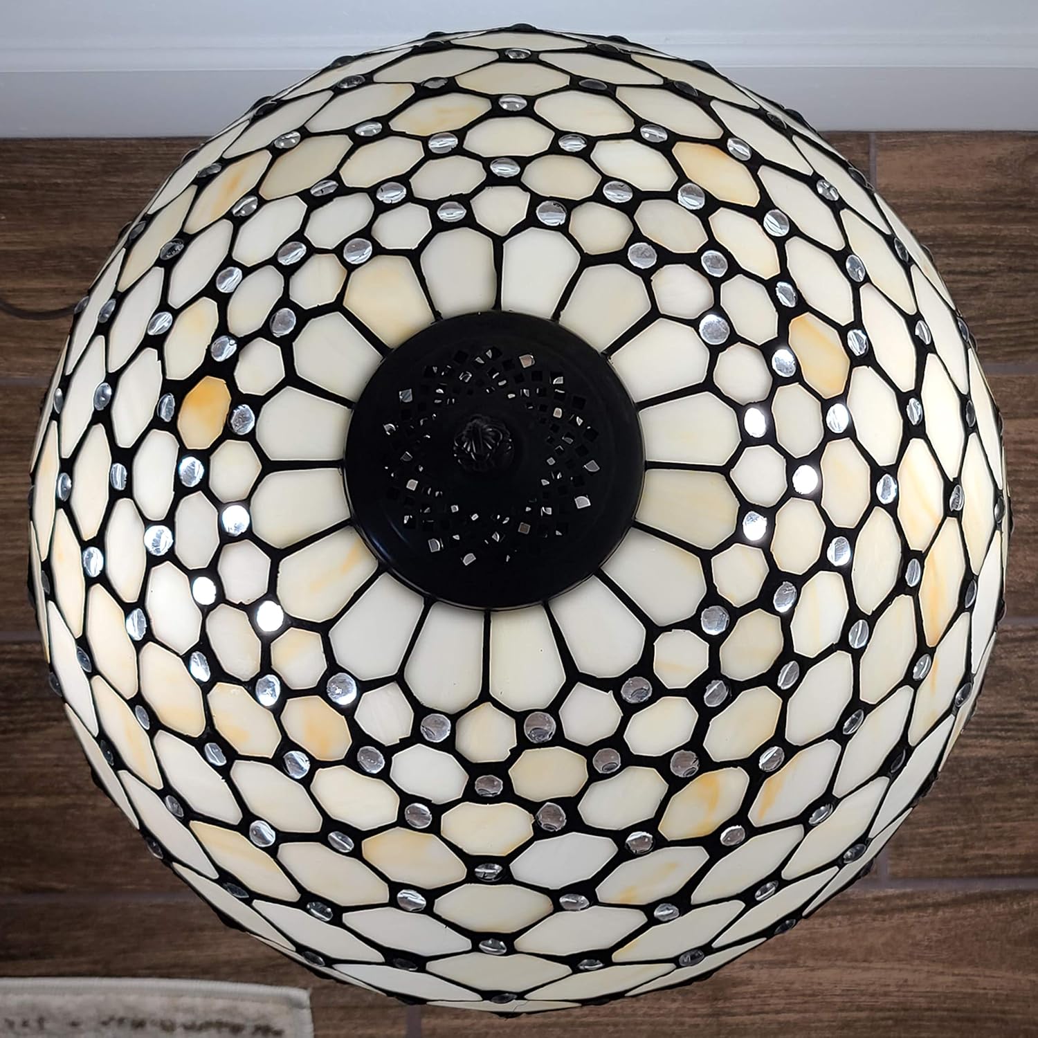 Tiffany Style Table Lamp Banker Jeweled 26" Tall Stained Glass White Yellow Stains Antique Vintage Light Decor Nightstand Living Room Bedroom Handmade Gift AM1041TL16B Amora Lighting