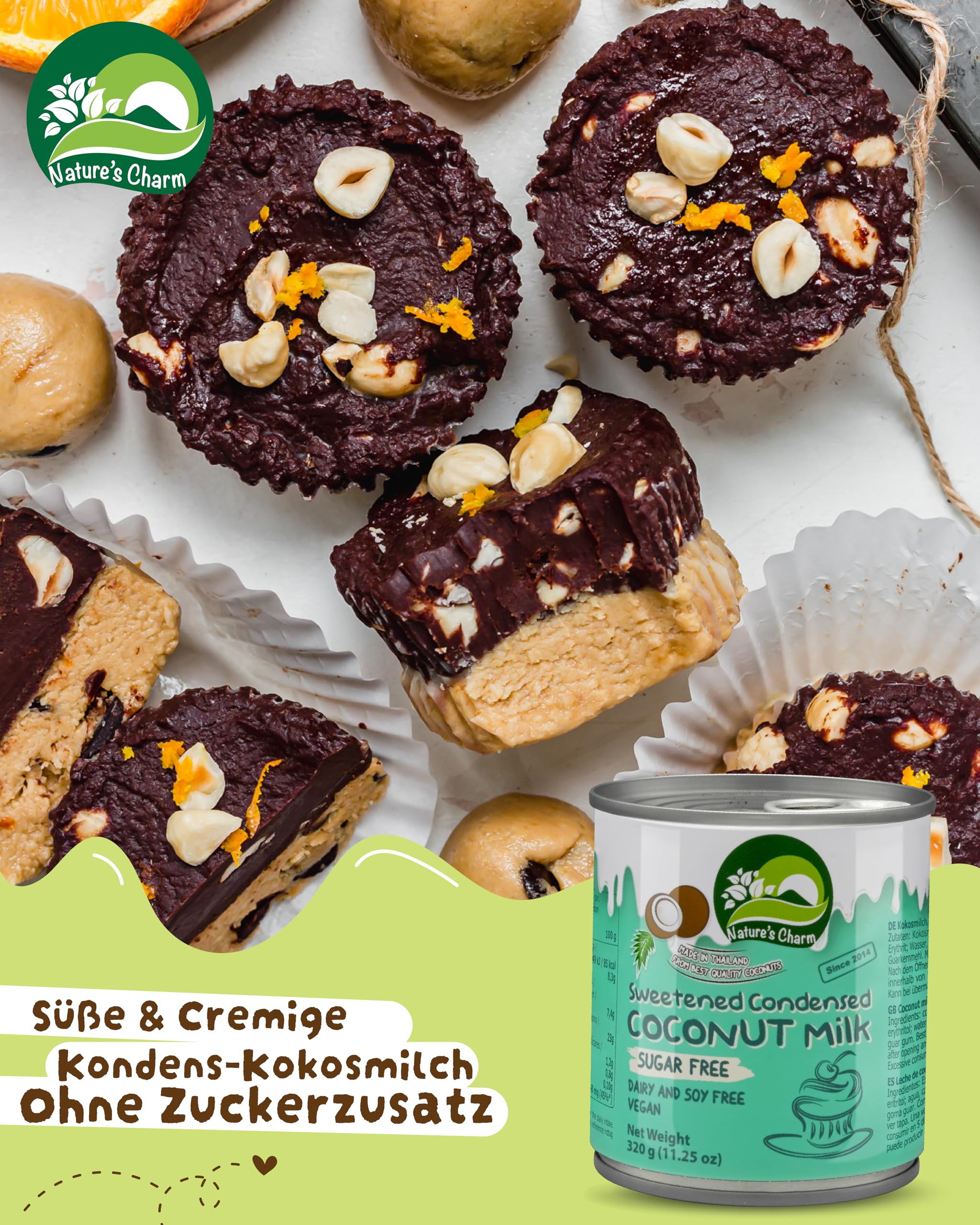 Nature’s Charm eingedickte, gesüßte Kokosnussmilch mit Erythrit I Vegane Kokosmilch ohne Zuckerzusatz I Ideal zum Backen, für cremige Desserts, Kaffee und Tee I 6 x 320 g