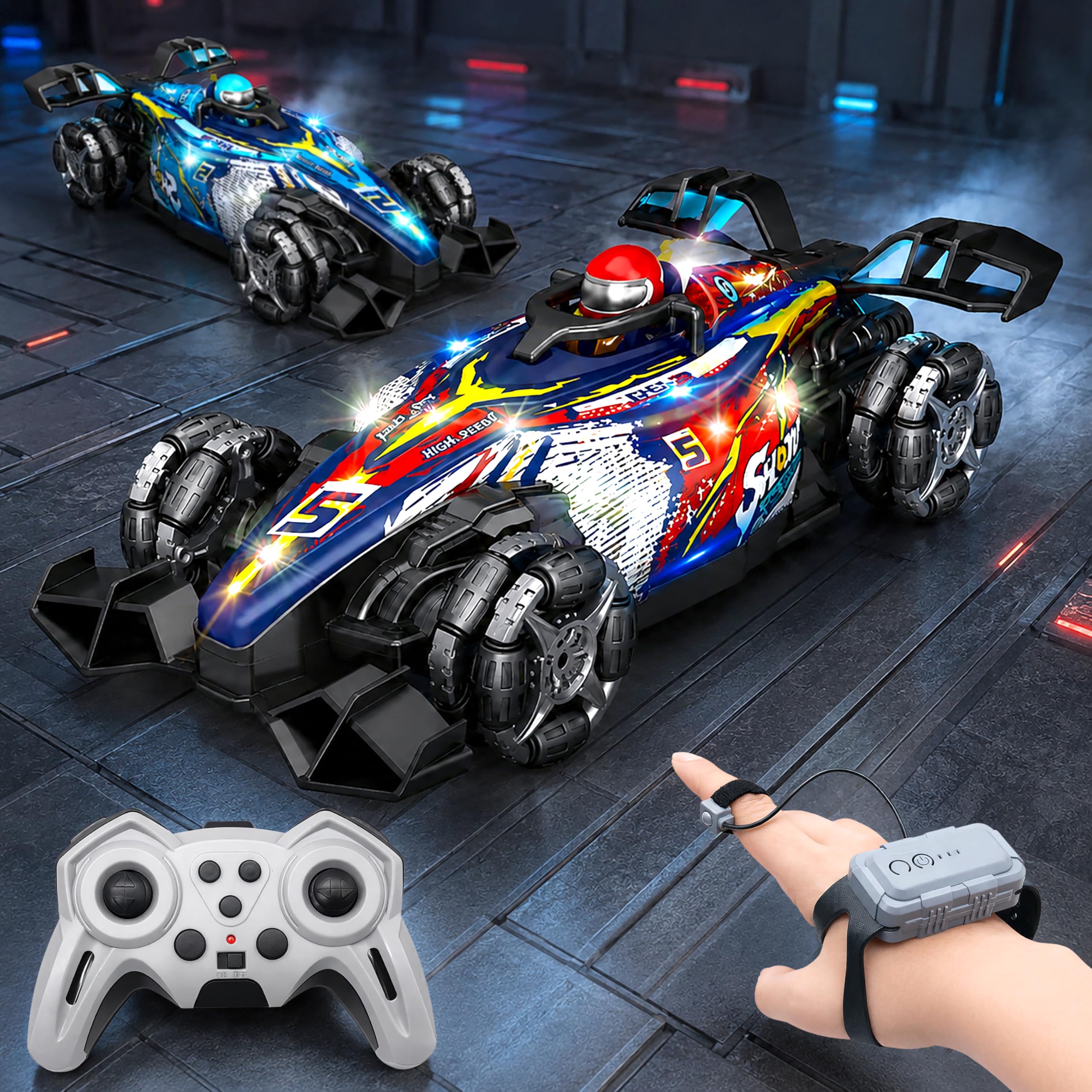 VGRASSP Dual Control Big RiseX Drift Stunt Mist Car Toy for Kids with Lights, Music - Rechargeable 360° Rotating RC Smoke Car with 2.4GHz Remote Control and Gesture Wrist Controller - Multicolor-image-19
