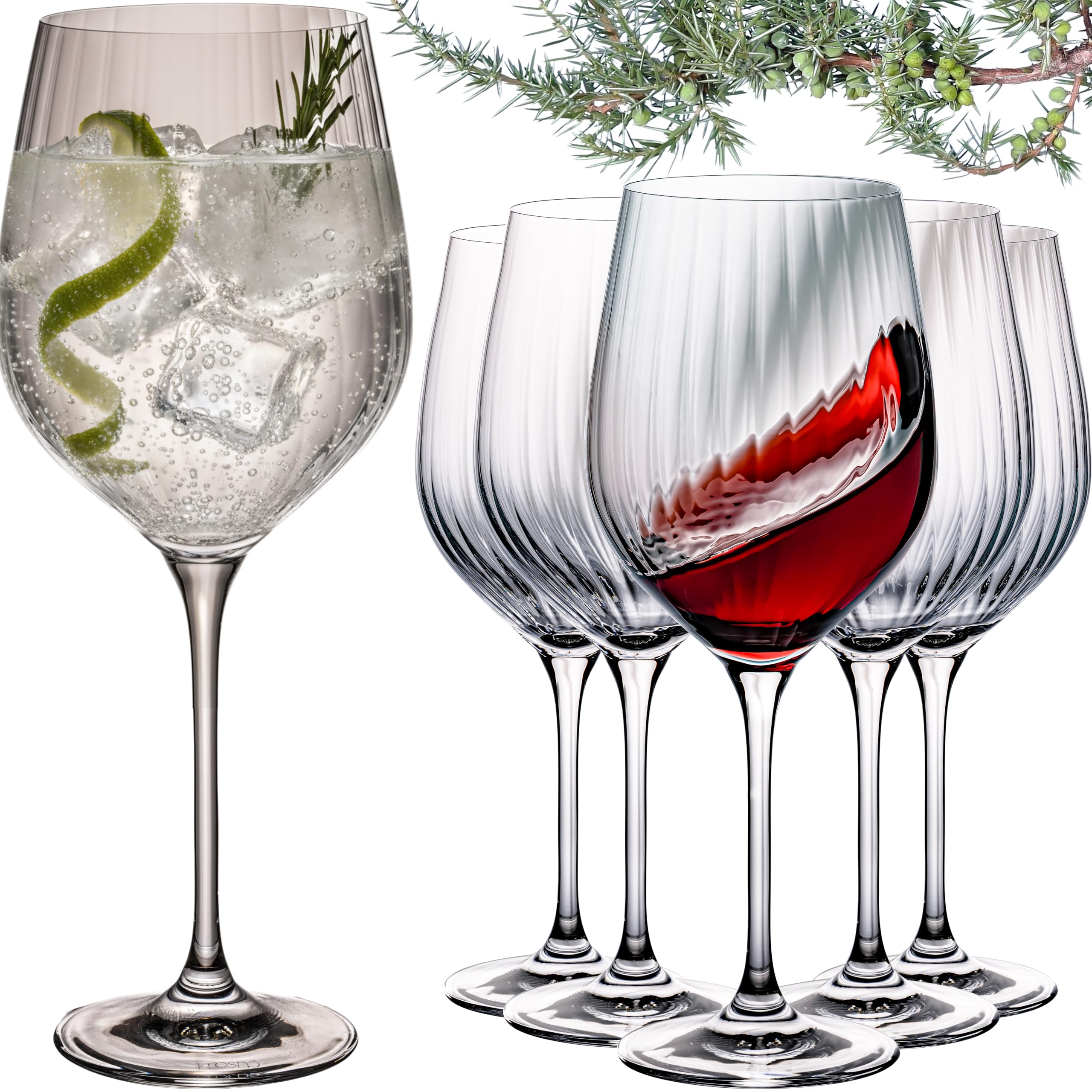 Zestaw szklanek do ginu z ryflowanym tonikiem, 6 x 450 ml – szklanki do ginu ze szkła kryształowego serii Londyn, nadają się do mycia w zmywarce