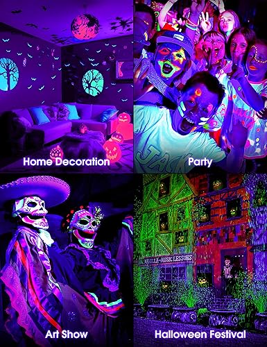 Miniatura 7 de Paquete de 4 bombillas negras A19 LED negras para que brillan en la oscuridad 9 W (equivalente a 100 W), base E26, fiesta de luces negras, póster