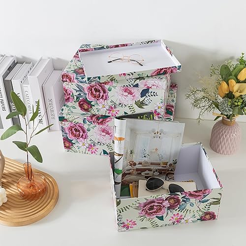 Miniatura 6 de Soul & Lane Cajas de almacenamiento decorativas de cartón para decoración del hogar, diseño floral de lujo, juego de 3 cajas de cartón floral con