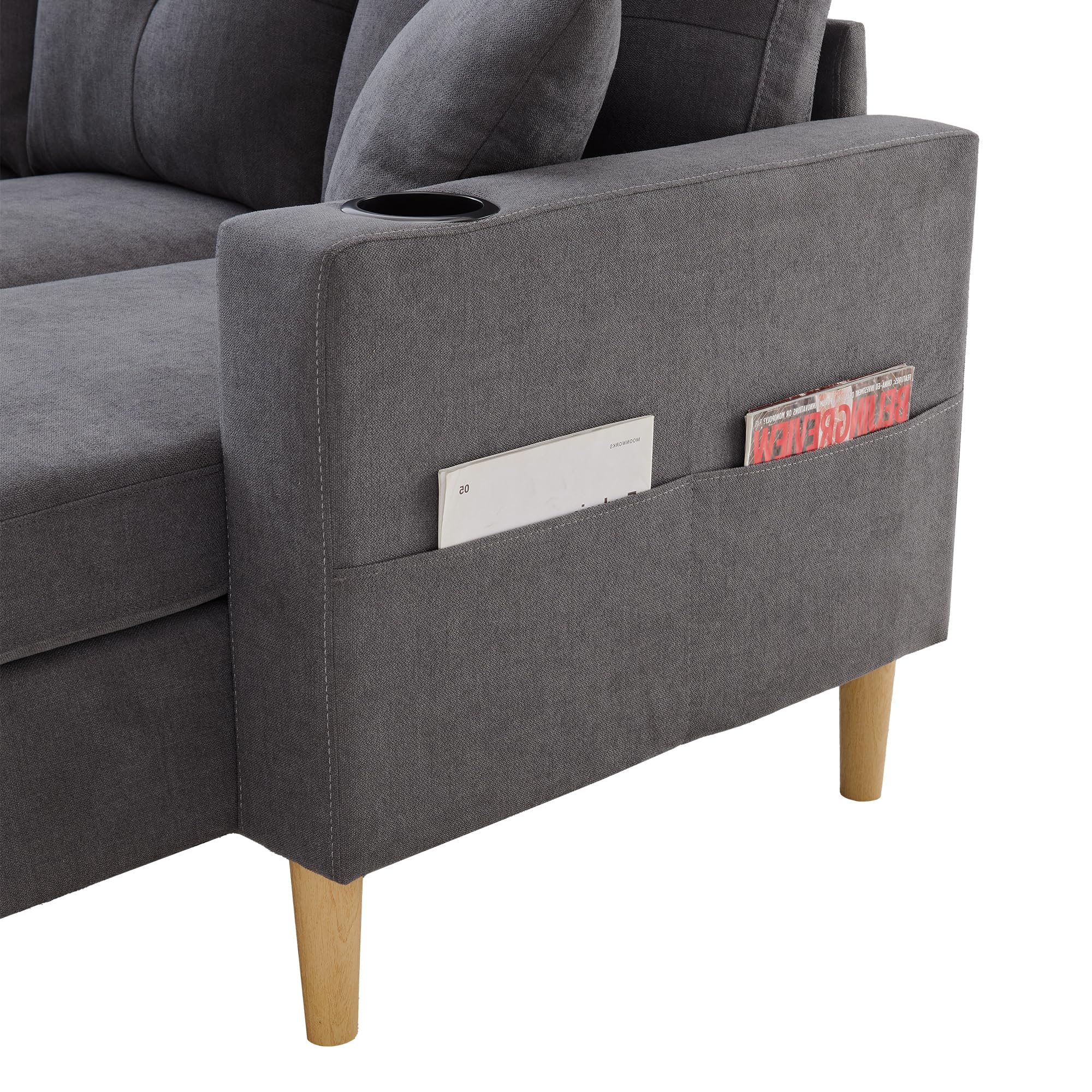 Divano Moderno a Forma di L, a 3 Posti, con Chaiselongue, Portabevande, Spazio per Riporre, Include 2 Cuscini, per Soggiorno, Ufficio, Appartamento (Grigio Scuro)