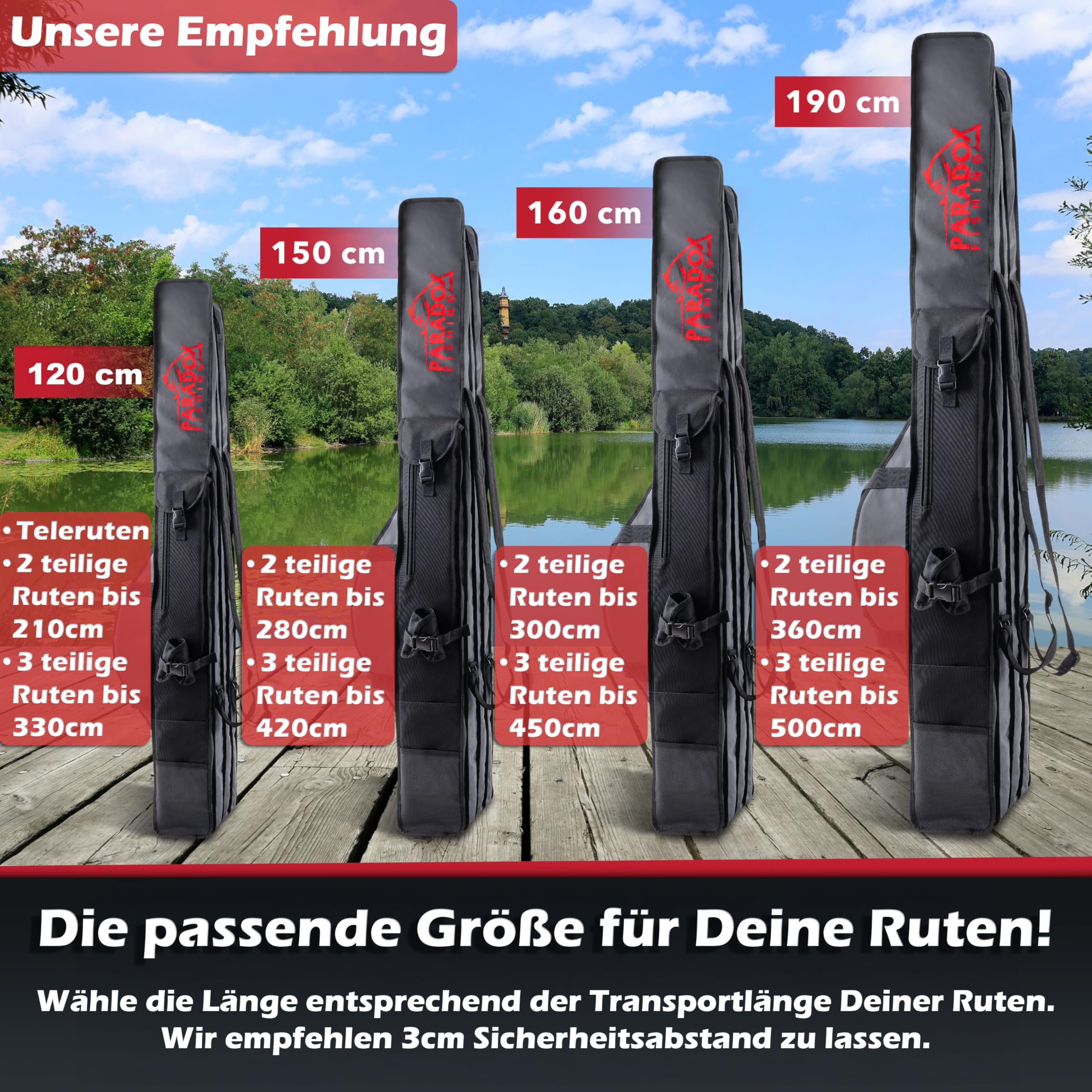 Paradox Fishing Rutentasche 2/3/4 Fächer I 120cm/130cm/150cm/160cm/190cm I Angeltasche Rutentasche Rutenfutteral Angeltasche - Angelrutentasche - 5