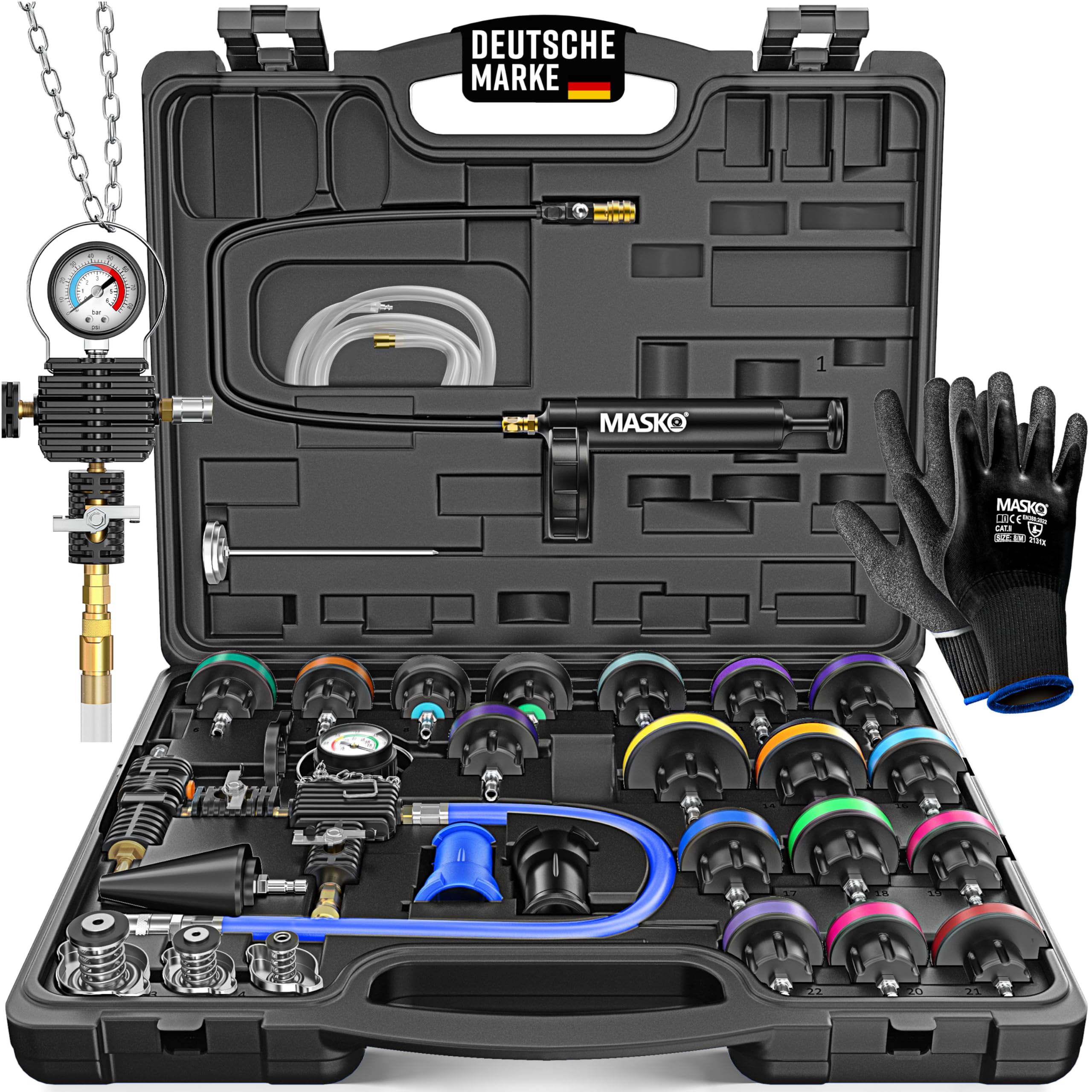 MASKO® Kühlsystem Tester & Abdrückgerät | Kühlerdruckprüfer Kühler Entlüftungsgerät 28-teilig inkl. universeller Kühleradapter, Vakuumpumpe & Zubehör | Kühlsystem-Nachfüll-Set für Auto, Van, SUV, LKW