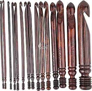INTAJ Rosewood Jumbo Crochet Hook Set Handmade, 15 Sizes Upto 25MM Wooden Crochet Hooks for Knitting, Size Engraved - Wooden Yarn Bowl Crochet Hook Accessories (Set of 15 3.5-25mm, Rosewood)