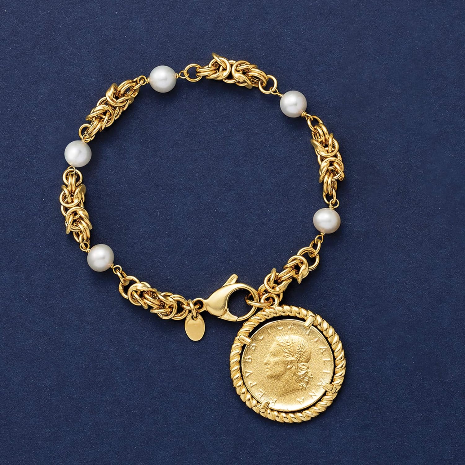 Miniatura 4 de Ross-Simons Italian 6mm Cultured Pearl and Replica Lira Coin Byzantine Bracelet in 18kt Gold Over Sterling