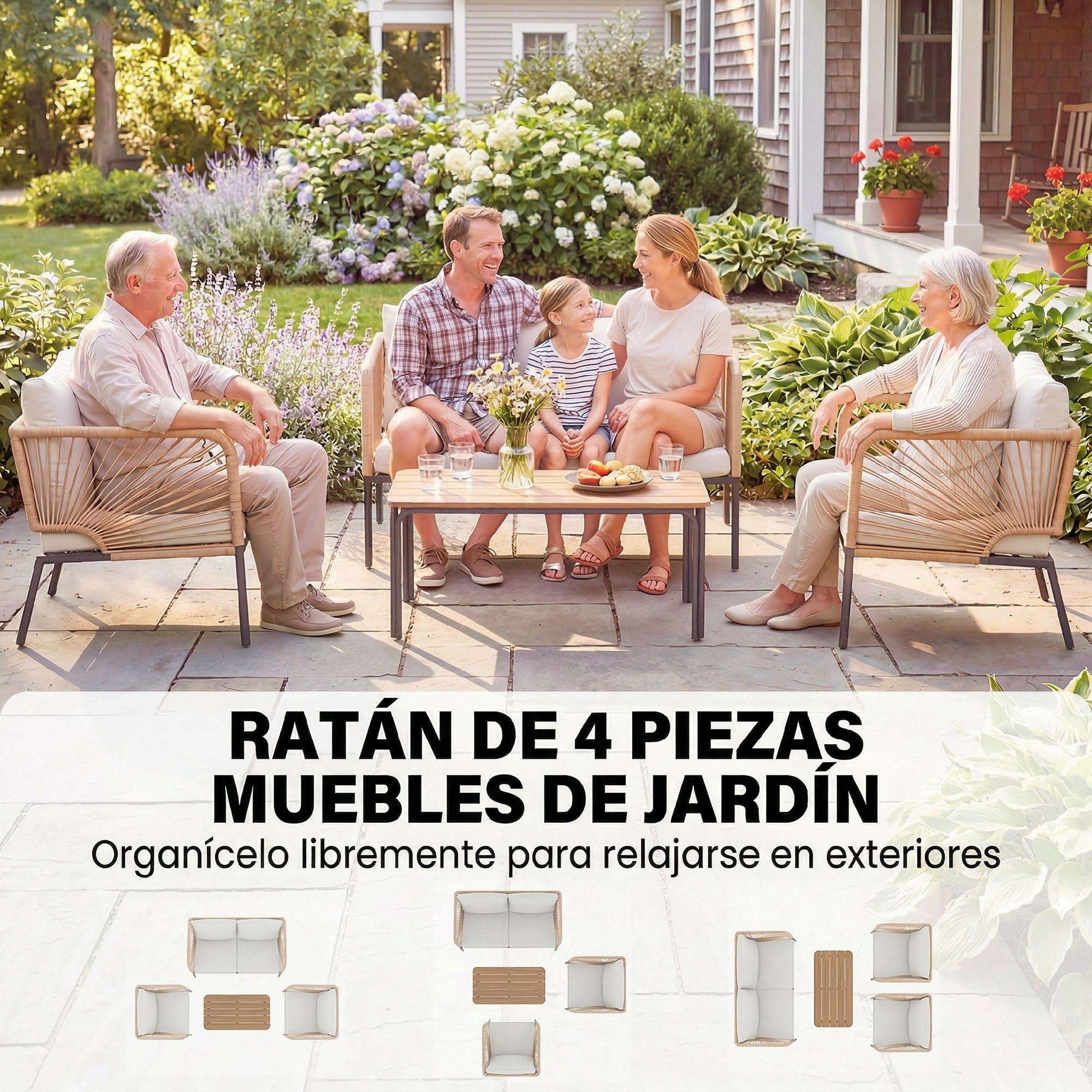 Outsunny Conjunto Jardín Exterior de 4 Piezas con Sofá de 2 Plazas Blanco | 2 Sillones, Mesa de WPC, Ratán PE Tipo Cuerda, Cojines Acolchados, Marco de Metal, para Terraza
