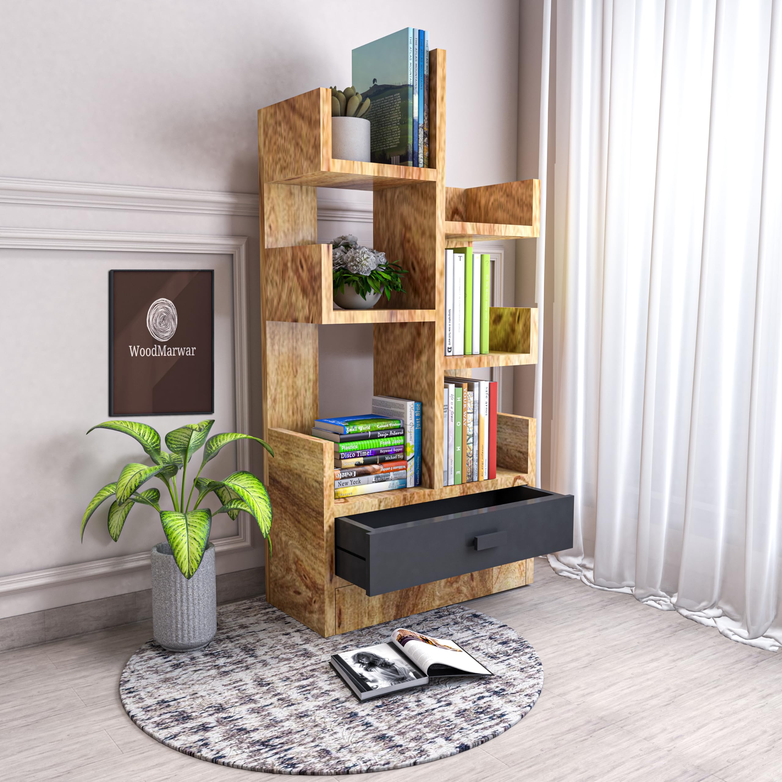 WoodMarwar Wooden Free Standing Book Shelf | Display Rack Bookshelf for Home and Office | Decorative Corner Shelf Bookcase | Storage Type: 6 Shelves & 1 Drawer | Sheesham Solid Wood | Finish: Pine