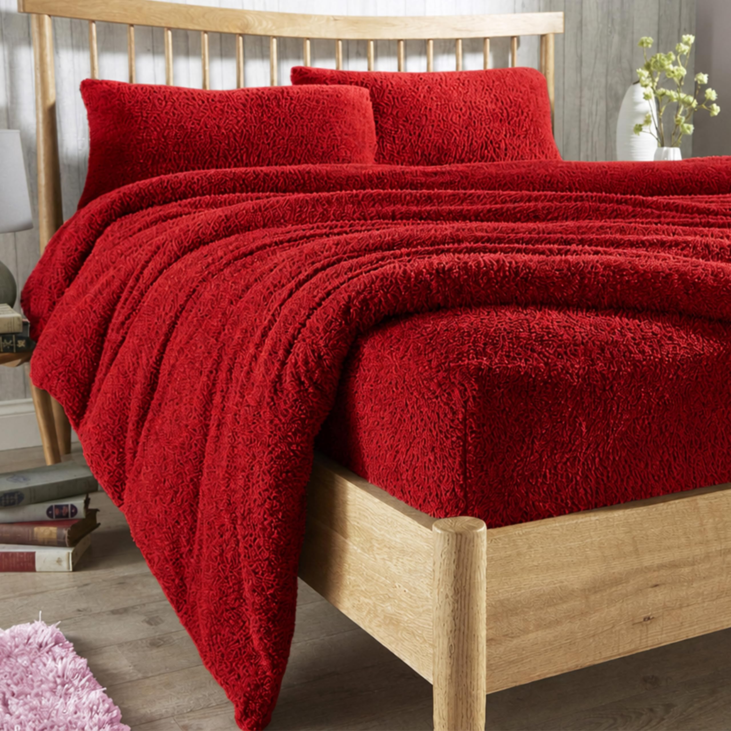 Olivia Rocco Teddy Fleece Extra Deep Fitted Sheet Cosy Warm Fluffy Fitted Bed Sheets (Red, Single)