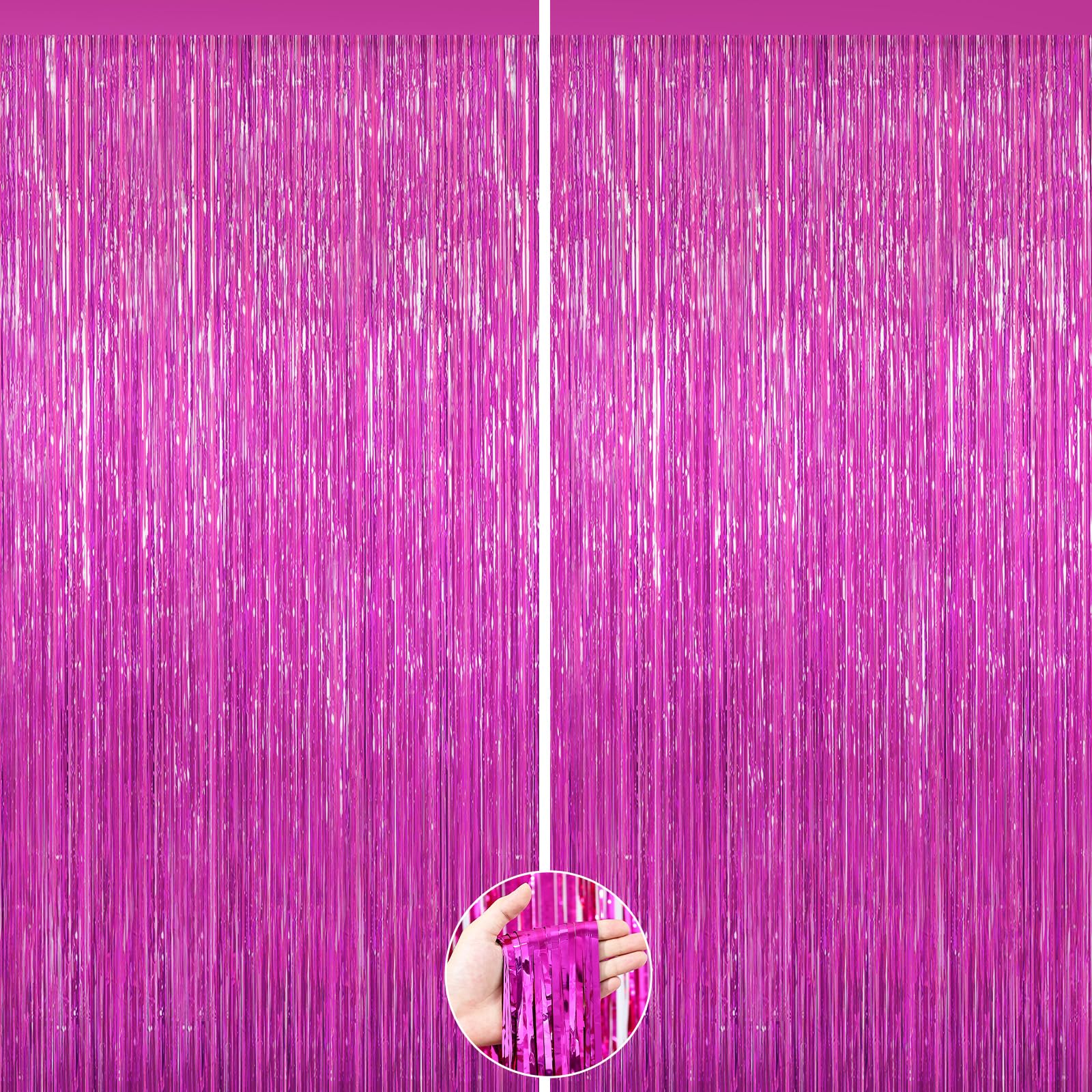 Hot Pink Foil Fringe Curtain, 2Pack Metallic Tinsel Party Streamers Decors