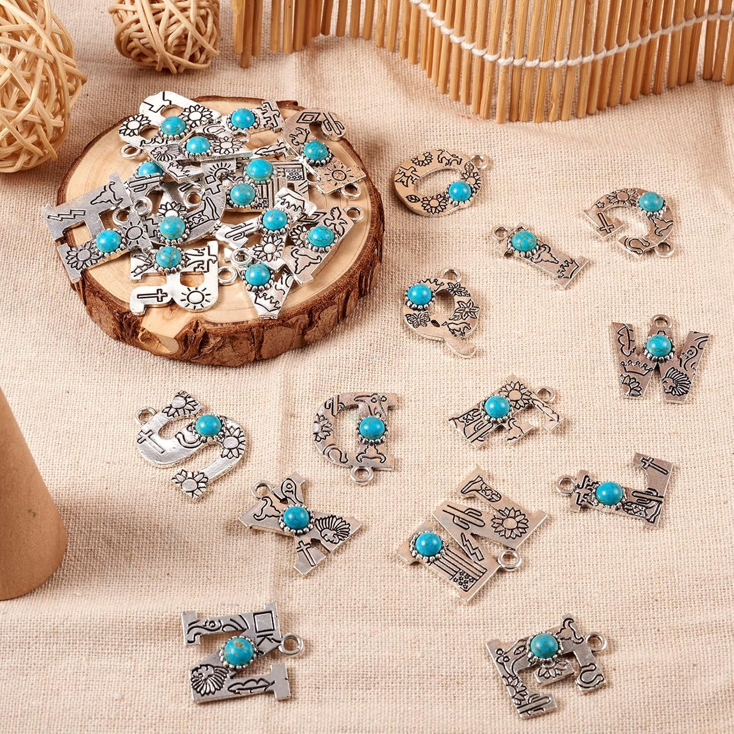 Pandahall 26Pcs Alloy Letter Charms Turquoise Stone A-Z Alphabet Pendants Vintage Style Western Charms for Jewelry Craft Making - Image 7
