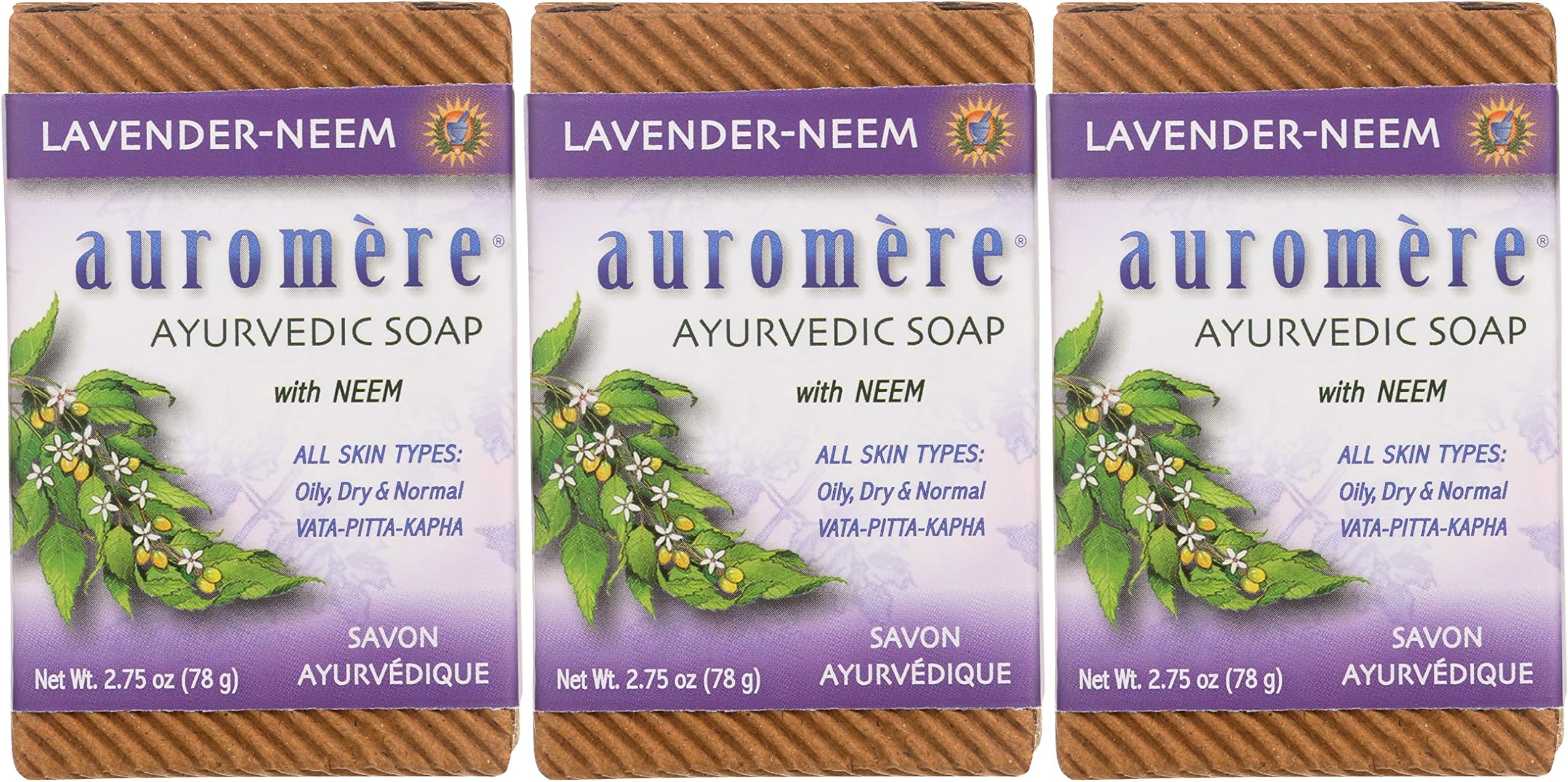 Auromere Ayurvedic Bar Soap, Lavender Neem - Eco Friendly, Handmade, Vegan, Cruelty Free, Natural, Non GMO (2.75 oz), 3 pack