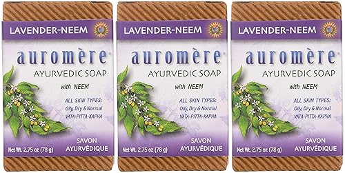 Auromere Jabón ayurvédico en barra, lavanda neem, ecológico, hecho a mano, vegano, libre de crueldad, natural, sin OMG (2.75 onzas), paquete de 3