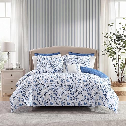 Laura Ashley - King Comforter Set, Reversible Cotton Bedding, Includes Matching Shams with Bonus Euro Shams & Throw Pills (Elise Blue, King)