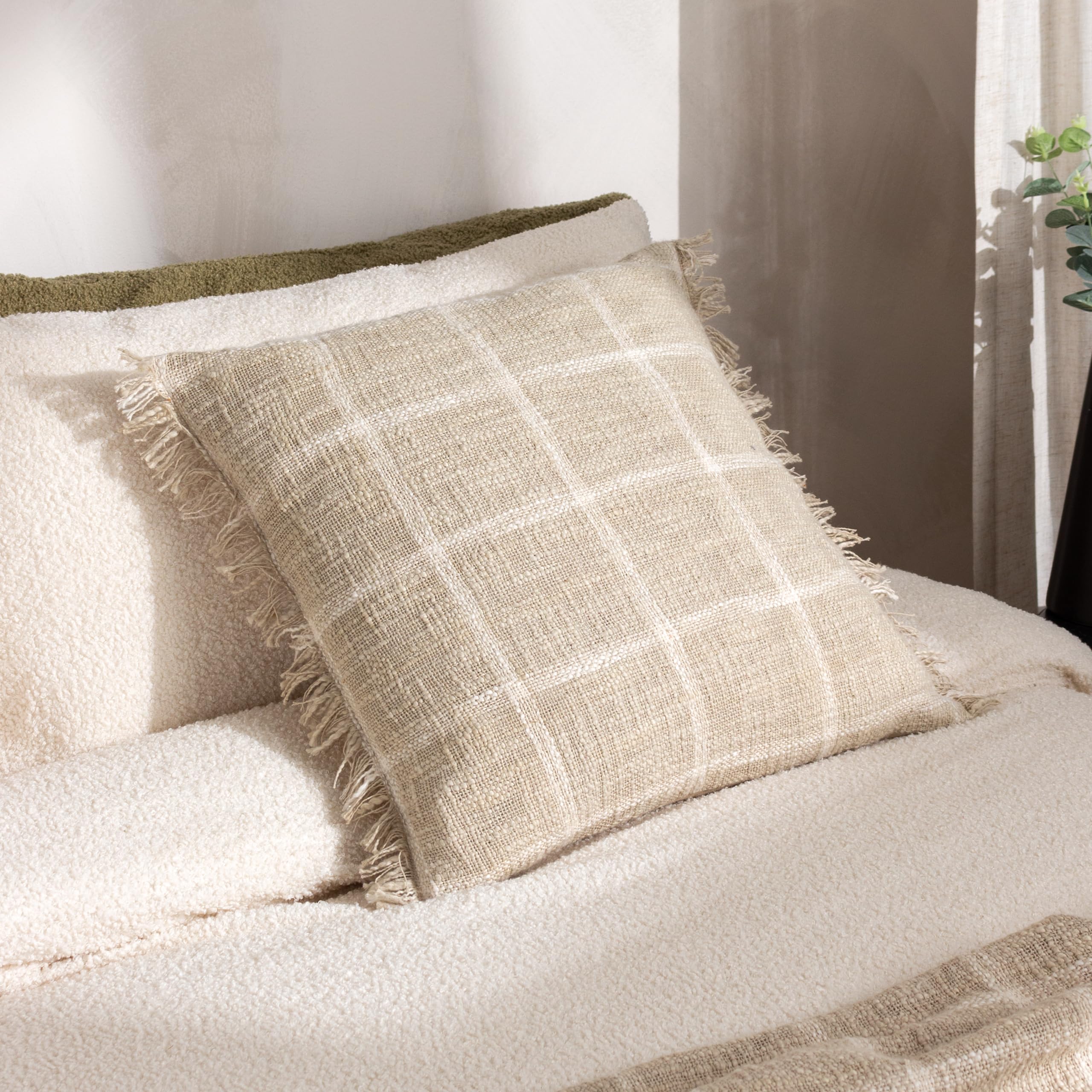 Yard Beni Check Cotton Fringed Feather Rich Filled Cushion