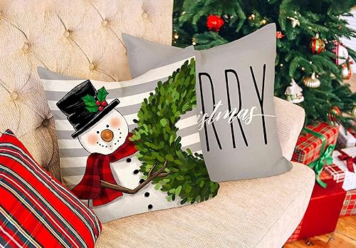 Miniatura 3 de Juego de 4 fundas de almohada de Navidad grises de 18 x 18 pulgadas, decoración navideña de granja, corona de muñeco de nieve, árbol de Papá Noel,
