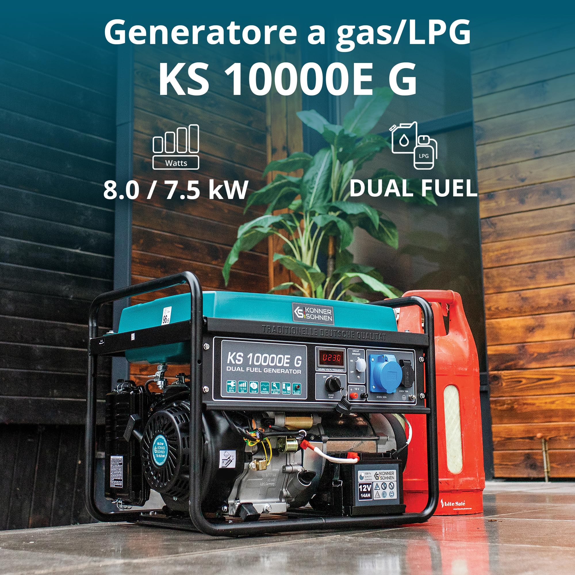 Generatore ibrido a benzina e gas KS 10000E G Serie DUAL FUEL potenza massima 8000W, 1x16A, 1х32 (230V), 12V, regolatore automatico di tensione (AVR), protezione sovraccarico e cortocircuito…