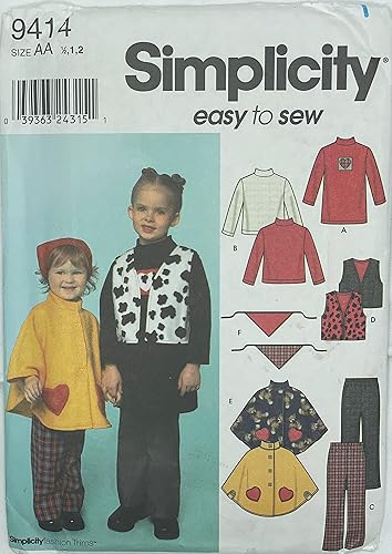 Simplicity 9414 - Pantalones para niños pequeños, chaleco, poncho, bufanda, vestido y parte superior patrón de costura, talla AA (12-1-2)