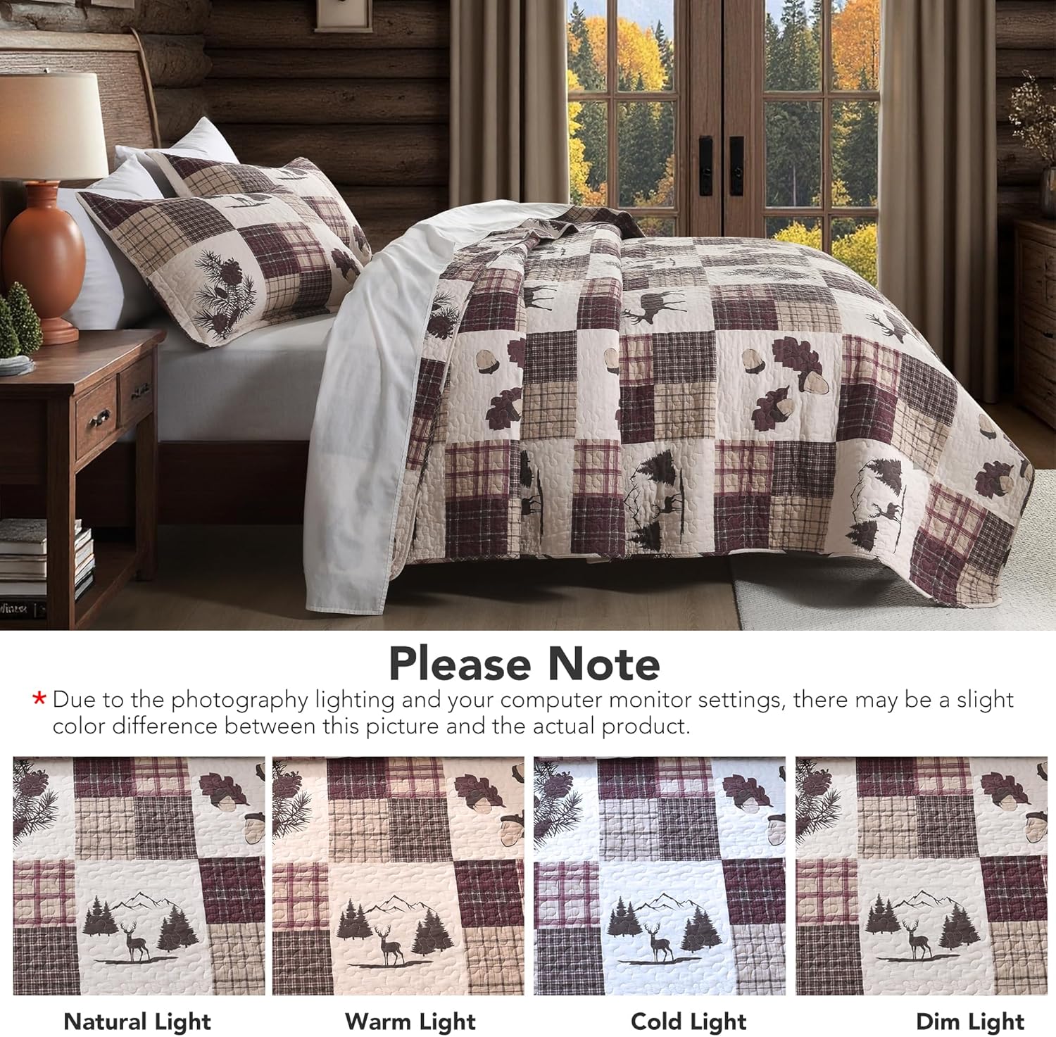 Rustic Deer Quilt Set King Size - 100% Cotton Red and White Patchwork Quilt Bedding Set, Cabin Lodge Lightweight Bedspread, 3-Piece, Burgundy Red & White