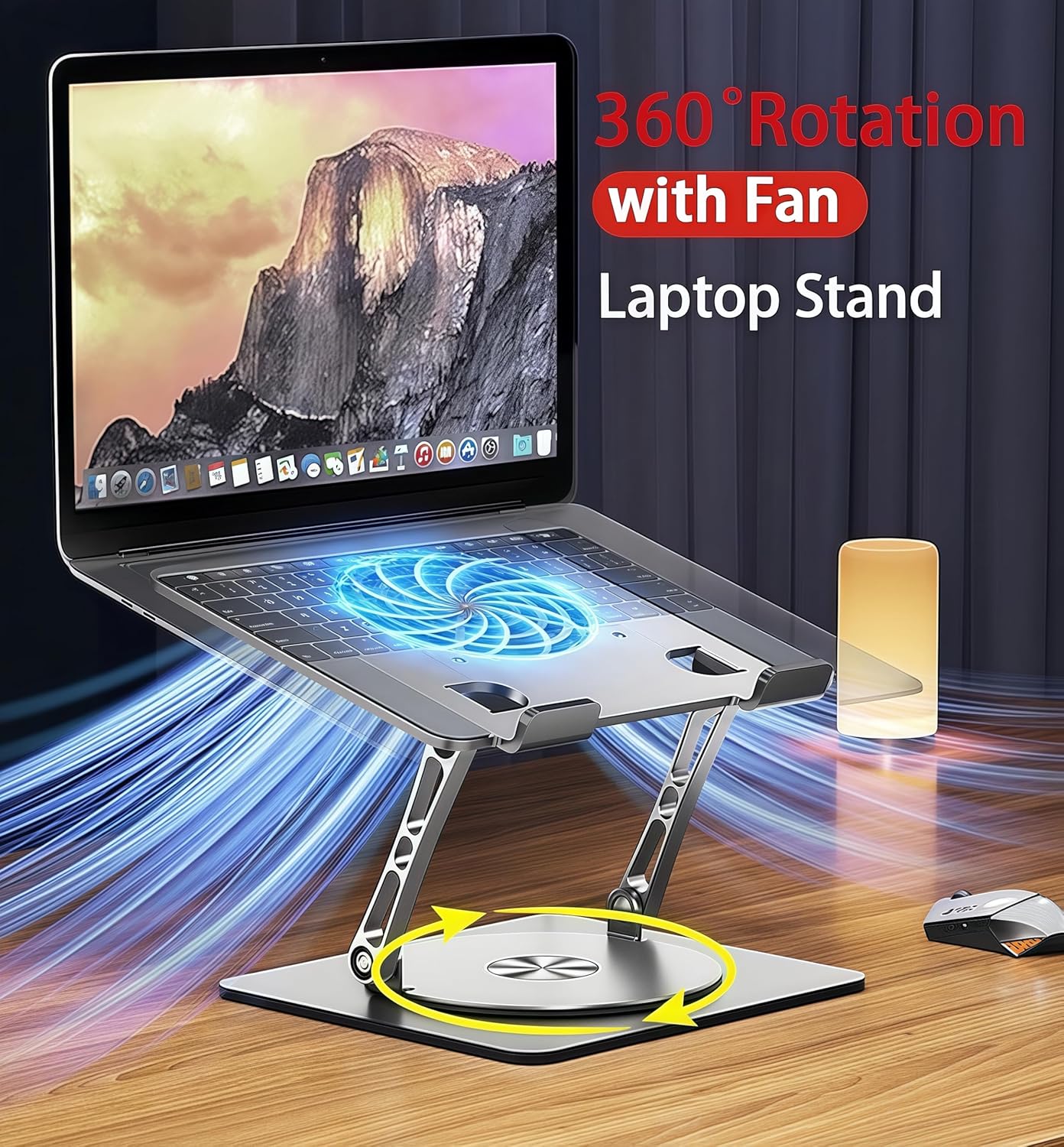 Laptop Stand with Cooling Fan，360° Rotating Base，Ergonomic Adjustable Laptop Riser for 10-17'' Gaming/Binge-Watching/Office Use