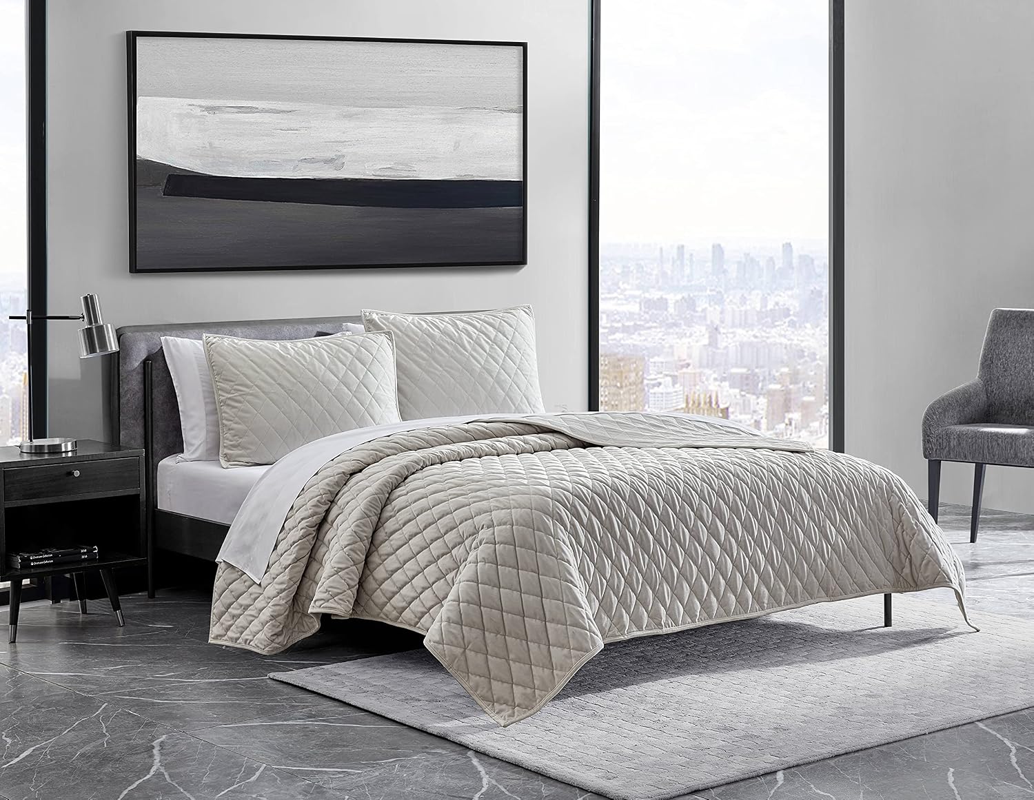 vera wang - king quilt set, luxurious velvet bedding set with matching shams, modern room essentials (diamond velvet natural ivory, king) king natural ivory