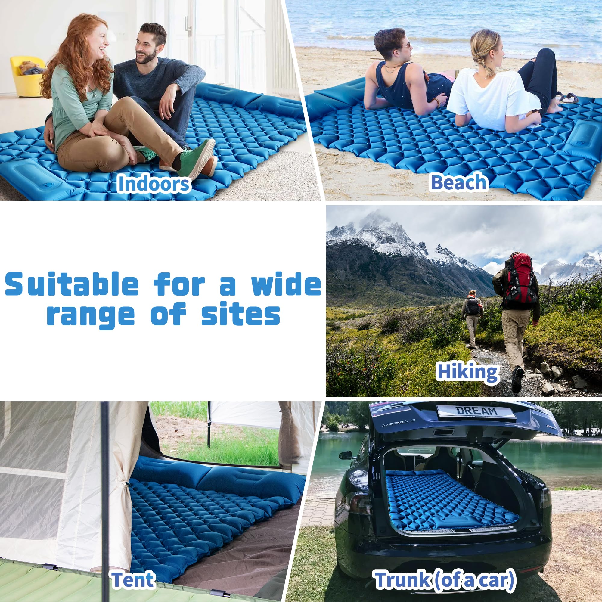 Colchoneta de dormir doble para camping, colchoneta inflable ultraligera para 2 personas con almohada y bomba de pie integrada, colchón portátil de camping para tienda de campaña, mochilero