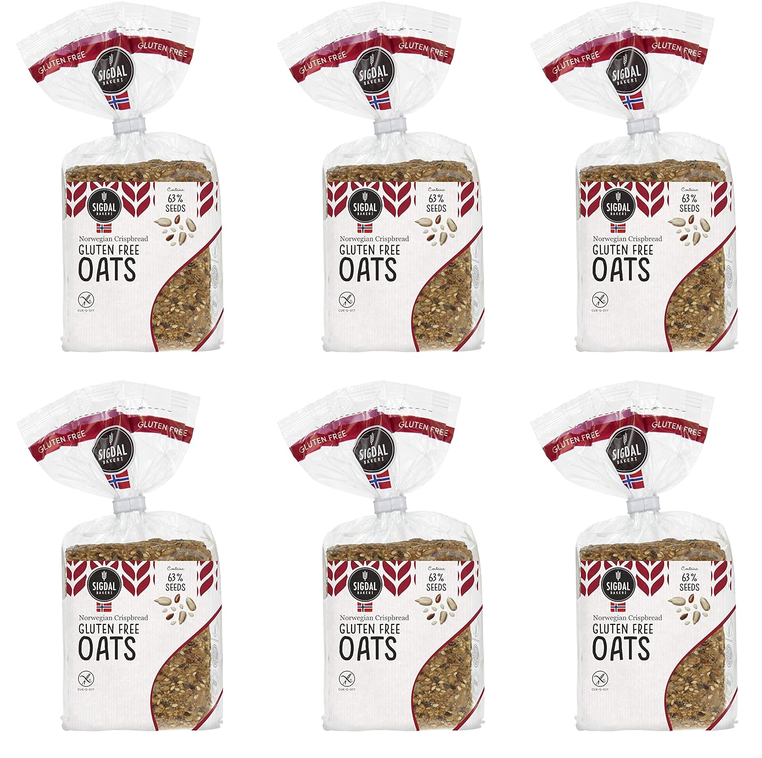 b'Sigdal Bakeri All Natural Norwegian Crispbread - Non GMO, Vegan, Sugar Free, High Fiber, Low Carbs, High Protein, Wholegrain Snack Crackers With Up To 46% Seeds (Gluten Free Oats, 6 Pack)'