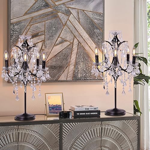 Miniatura 4 de TOCHIC Lámpara de mesa de cristal tradicional de 5 luces, candelabro negro para manualidades, 30 pulgadas de alto para sala de estar, sala de
