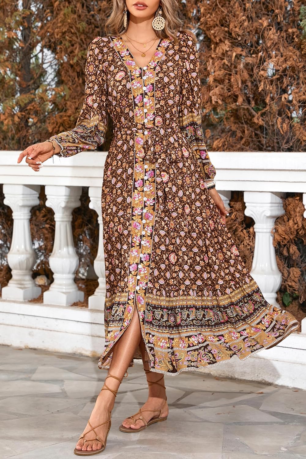 Womens V Neck Bohemian Floral Midi Dress Button-Down Front Detachable Belt Casual Flowy Vacation Summer Dresses - Image 2