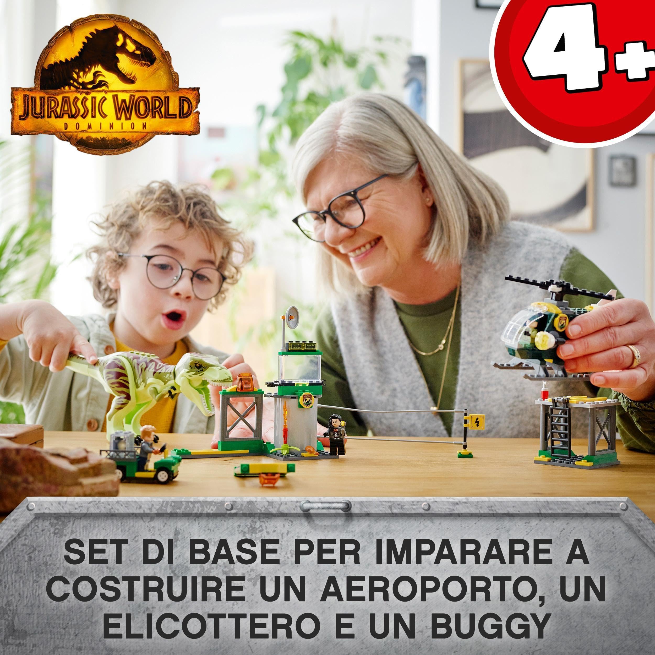 LEGO Jurassic World La Fuga del T. rex, Set con Eliporto, Garage, Veicolo, Elicottero, Dinosauro Giocattolo e 3 Minifigure, Giochi per Bambini e Bambine da 4 anni Fan dei Dino, Idea Regalo 76944