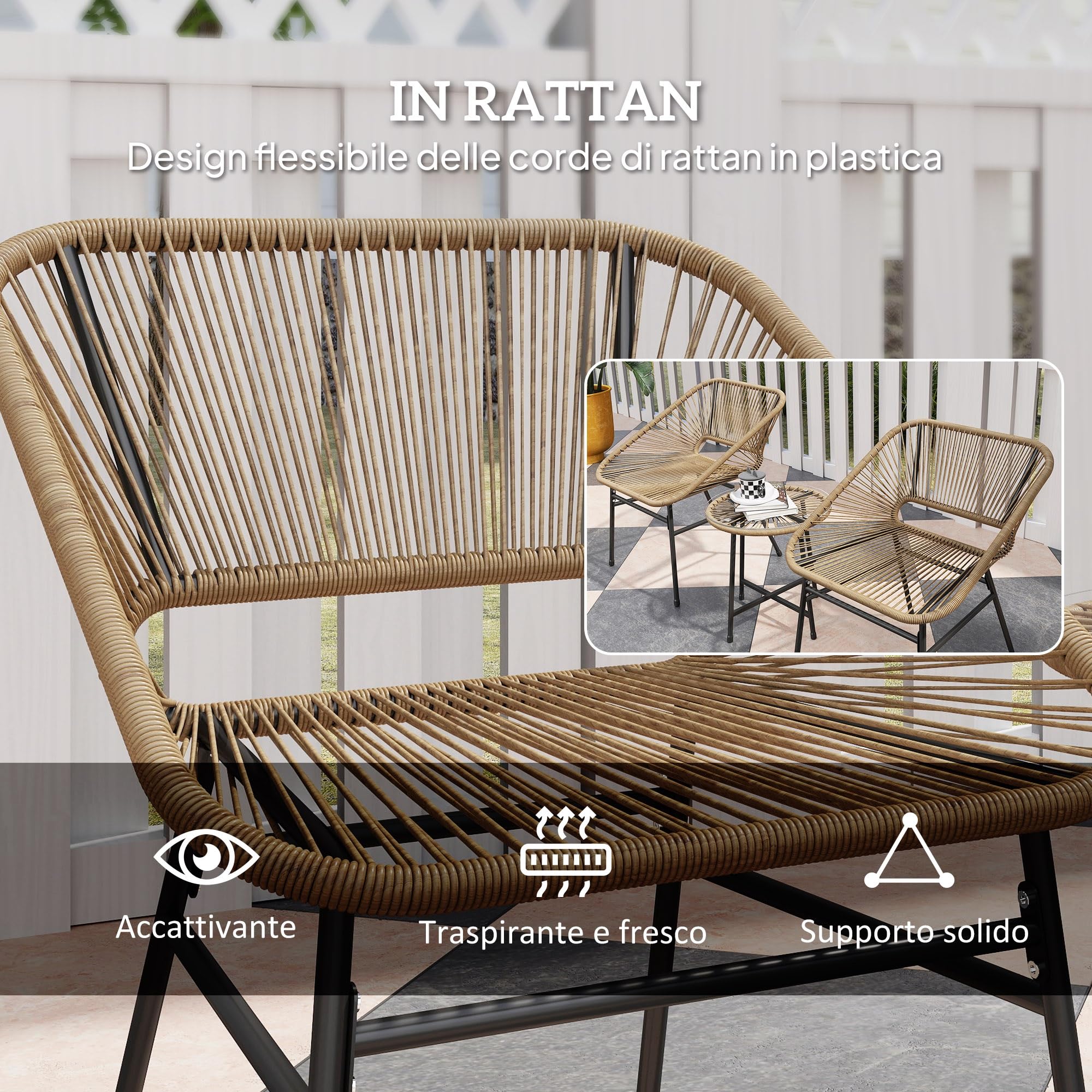 Outsunny Set da Giardino 3 Pezzi in Rattan PE e Acciaio, Set 2 Sedie con Cuscini e Tavolino da Caffè a Cilindro con Piano in Vetro, Set di Mobili da Balcone, per Patio e Cortile, Color Legno