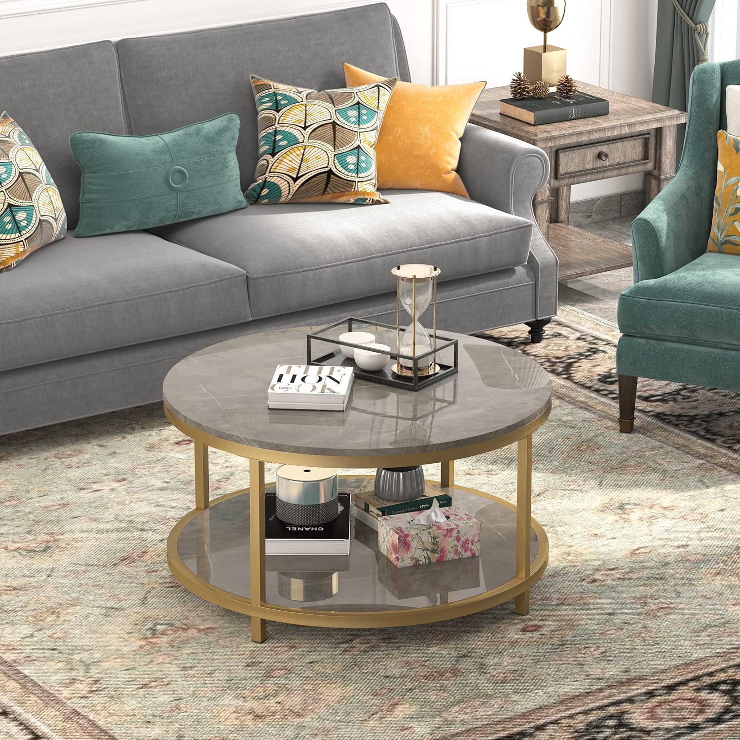 WiberWi Round Coffee Table 33.5" Coffee Tables for Living Room High Glossy Faux Marble Top Modern Circle Table Sturdy Gold Metal Frame Legs Cocktail Table with Storage Open Shelf