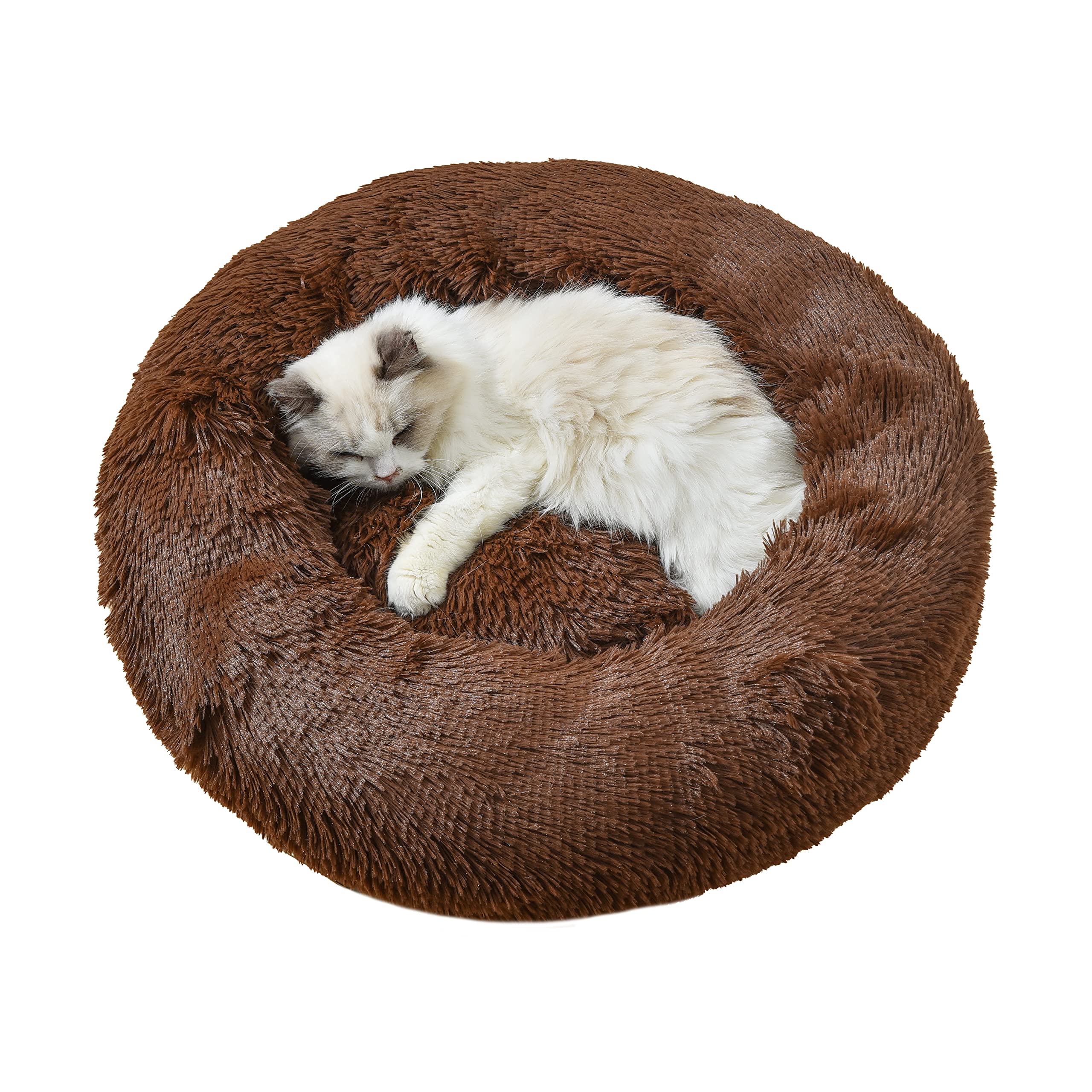Gavenia Cat Beds, 23.6''x23.6'' Washable Donut Bed, Plush Cushion, Waterproof Bottom, Calming & Self-Warming, Brown